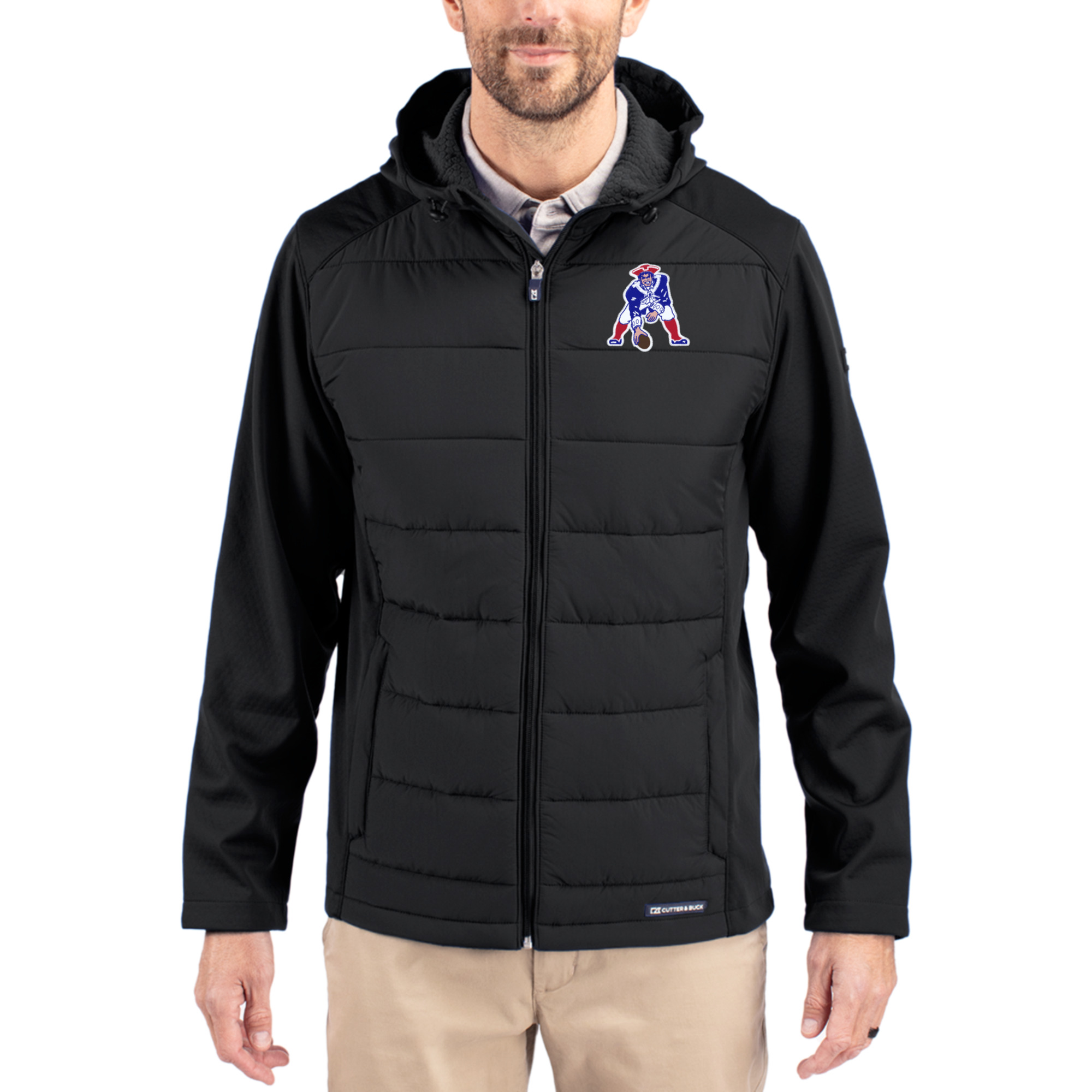 Men's Cutter & Buck Black New England Patriots Throwback Evoke Hybrid Eco Softshell Recycled Full-Zip Hoodie Jacket