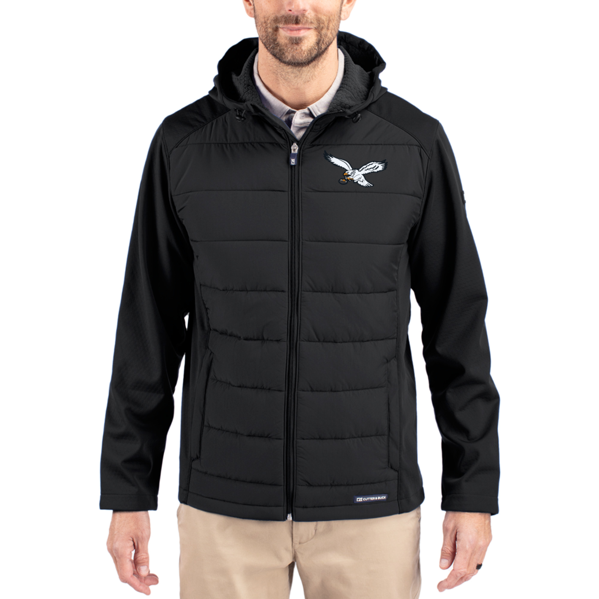 Men's Cutter & Buck Black Philadelphia Eagles Throwback Evoke Hybrid Eco Softshell Recycled Full-Zip Hoodie Jacket