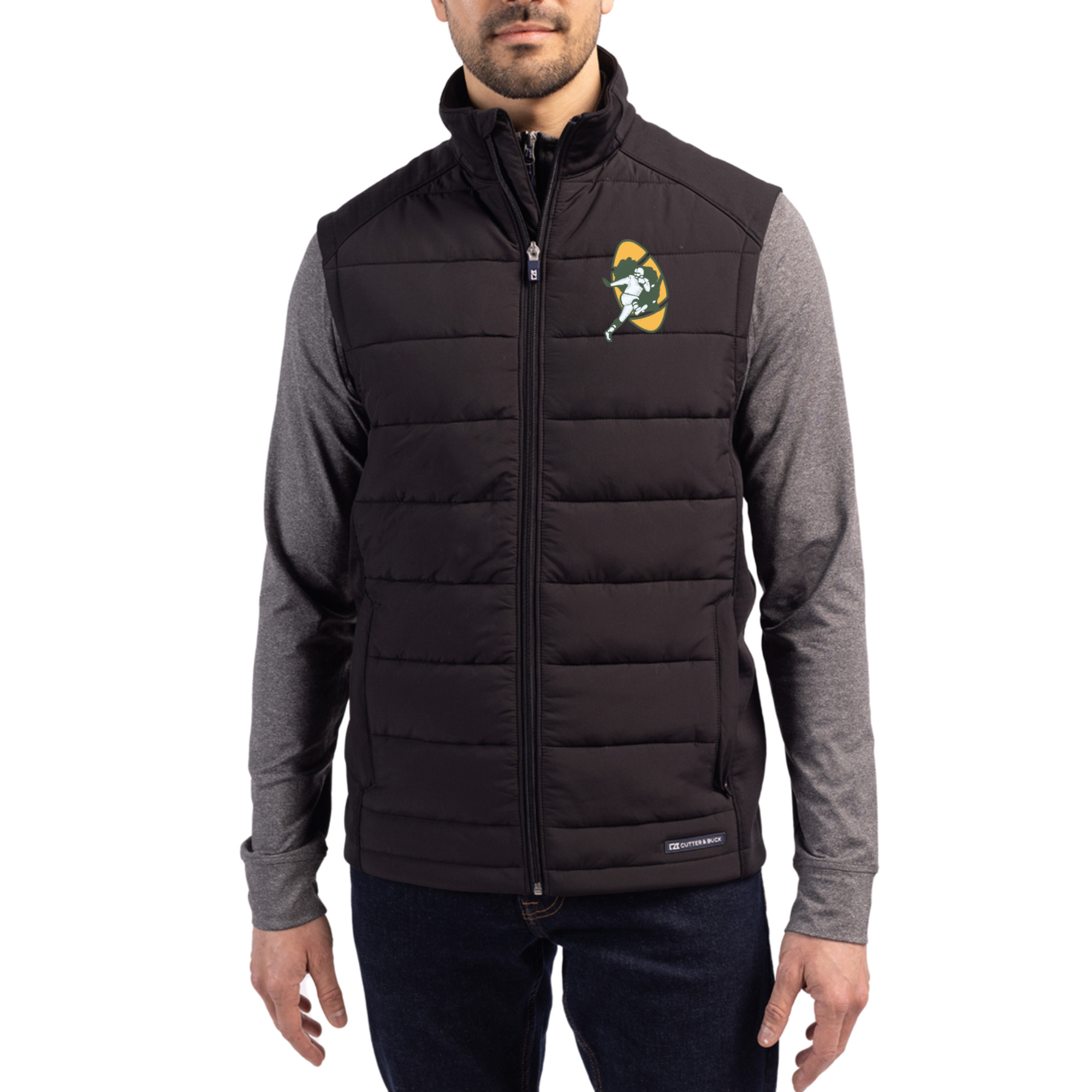 Men's Cutter & Buck Black Green Bay Packers Throwback Evoke Hybrid Eco Softshell Recycled Full-Zip Vest