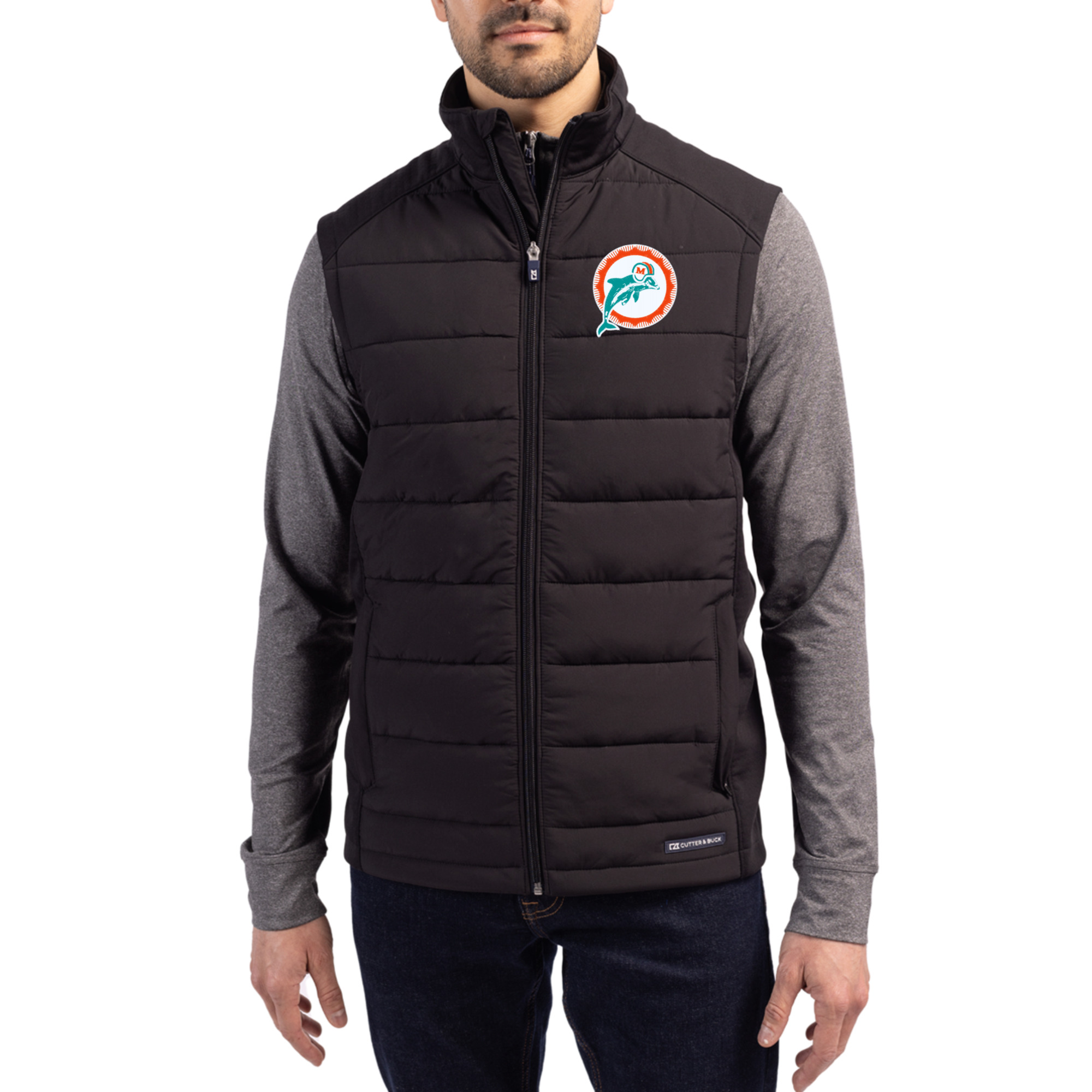 Men's Cutter & Buck Black Miami Dolphins Throwback Evoke Hybrid Eco Softshell Recycled Full-Zip Vest