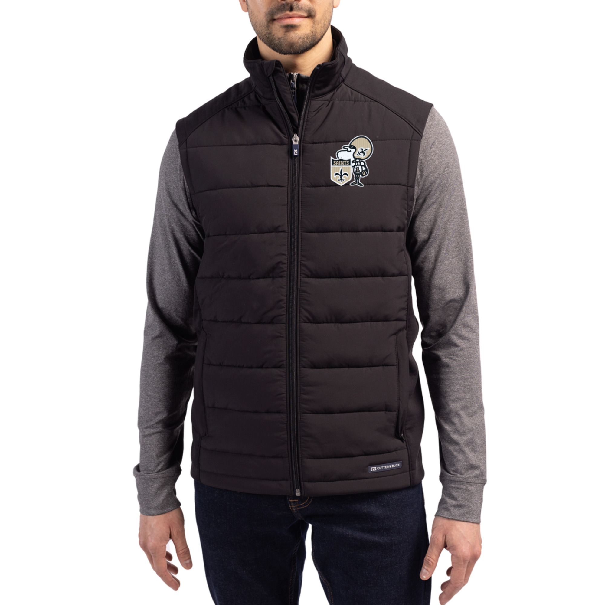 Men's Cutter & Buck Black New Orleans Saints Throwback Evoke Hybrid Eco Softshell Recycled Full-Zip Vest