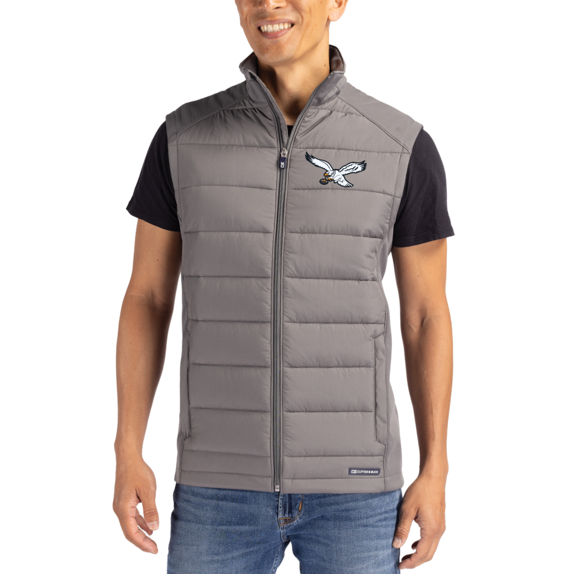 Men's Cutter & Buck Gray Philadelphia Eagles Throwback Evoke Hybrid Eco Softshell Recycled Full-Zip Vest