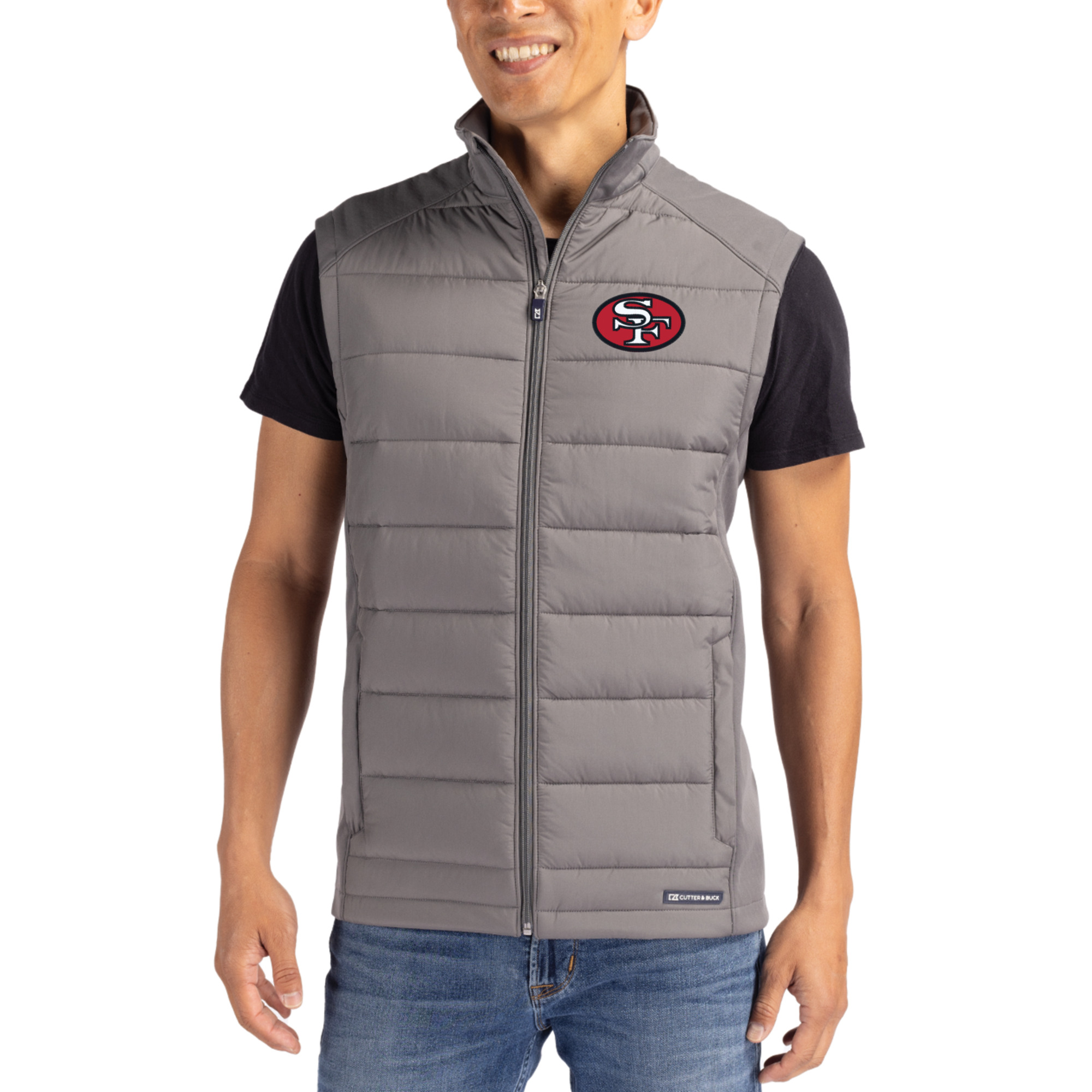Men's Cutter & Buck Gray San Francisco 49ers Throwback Evoke Hybrid Eco Softshell Recycled Full-Zip Vest