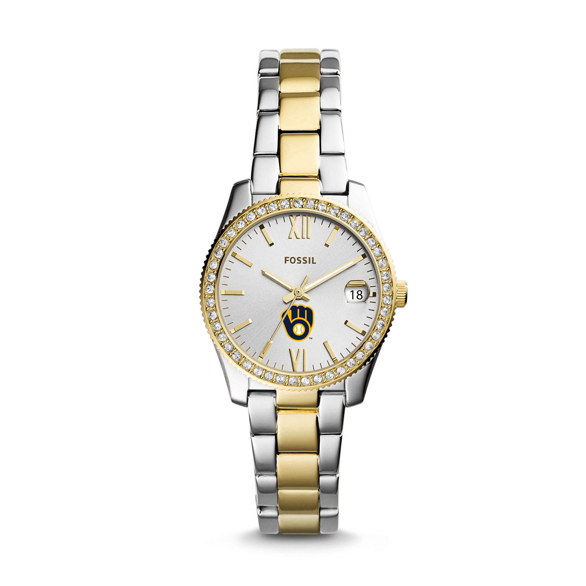 Women’s Fossil Silver Milwaukee Brewers Fossil Scarlette Two-Tone Stainless Steel Watch Women’s Fossil Silver Milwaukee Brewers Fossil Scarlette Two-Tone Stainless Steel Watch