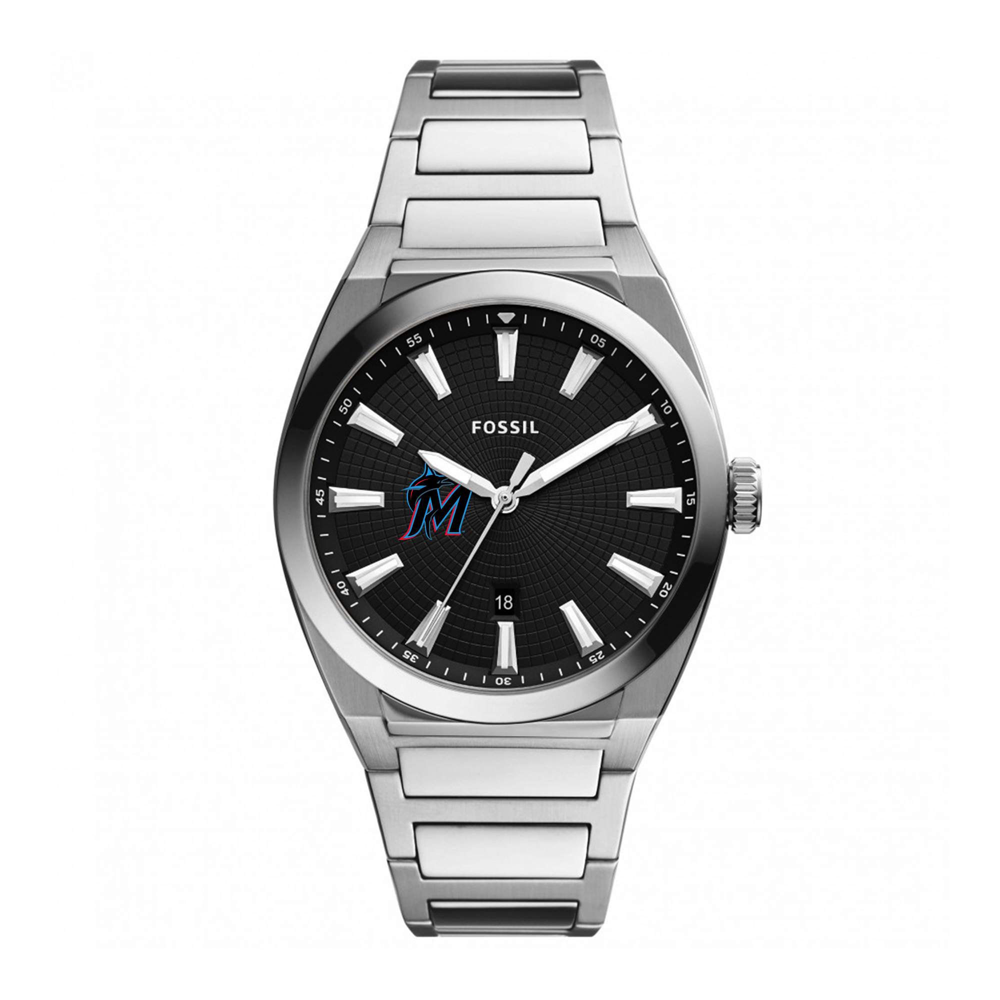 Men's Fossil Black Miami Marlins Everett Stainless Steel Watch