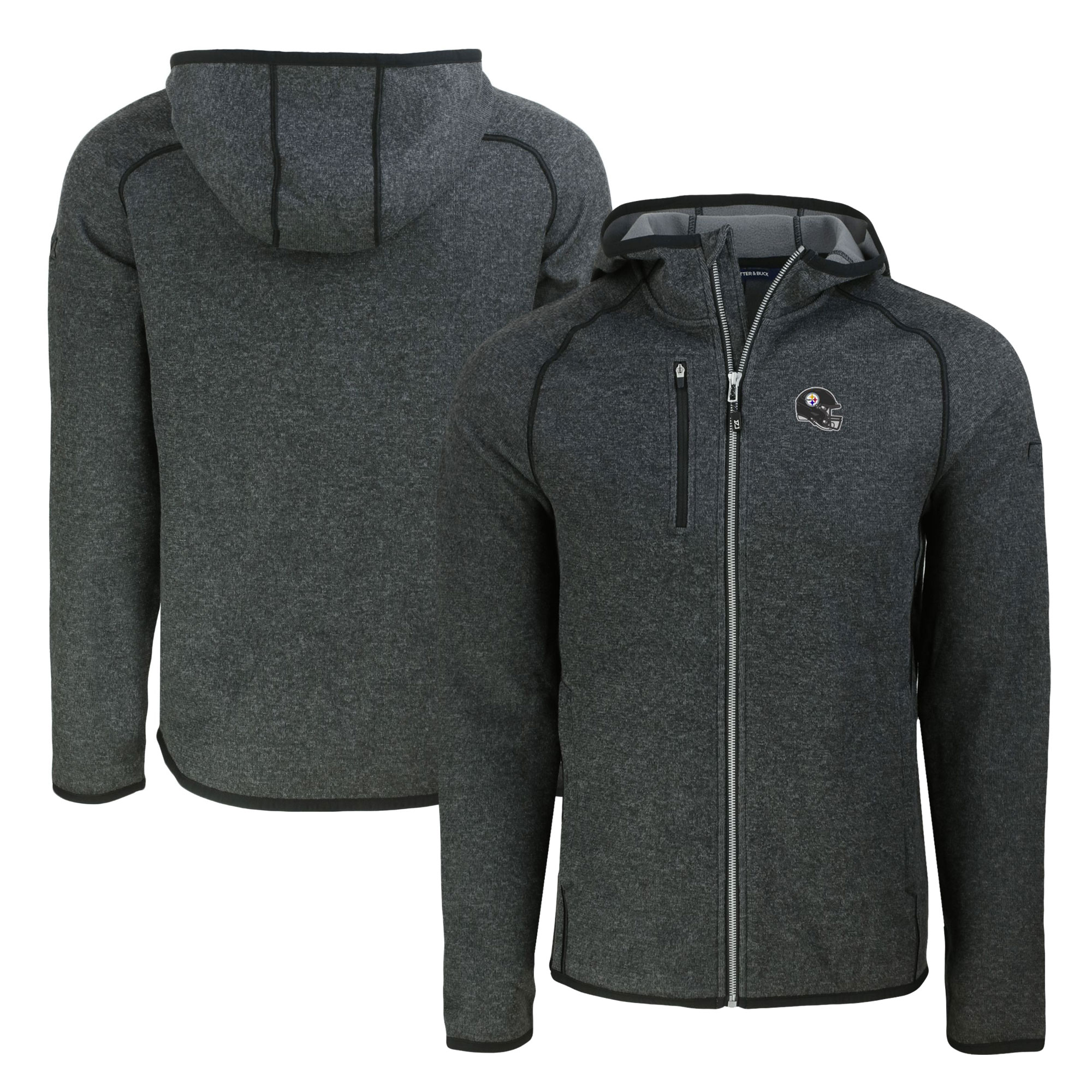 Men's Cutter & Buck Heather Charcoal Pittsburgh Steelers Helmet Mainsail Sweater-Knit Full-Zip Hoodie
