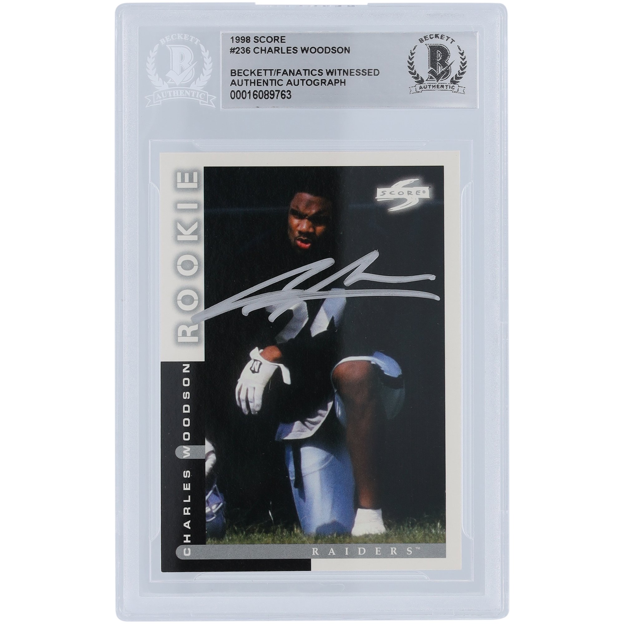 Charles Woodson Oakland Raiders autografato 1998 Score Series 1 Silver Ink #236 Beckett Fanatics Witnessed Authenticated Rookie Card