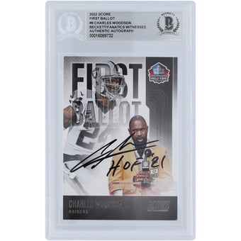 Charles Woodson Oakland Raiders Autographed 2022 Panini Score #FB-CW Beckett Fanatics Witnessed Authenticated Card with "HOF 21" Inscription