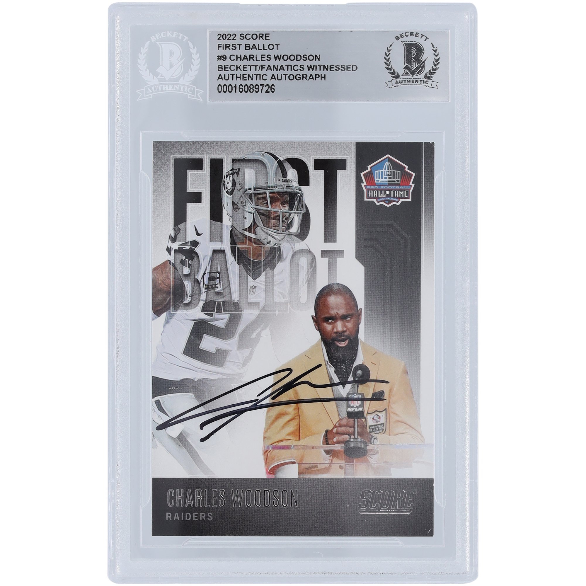 Charles Woodson Oakland Raiders autografato 2022 Panini Score #FB-CW Beckett Fanatics carta autenticata testimoniata