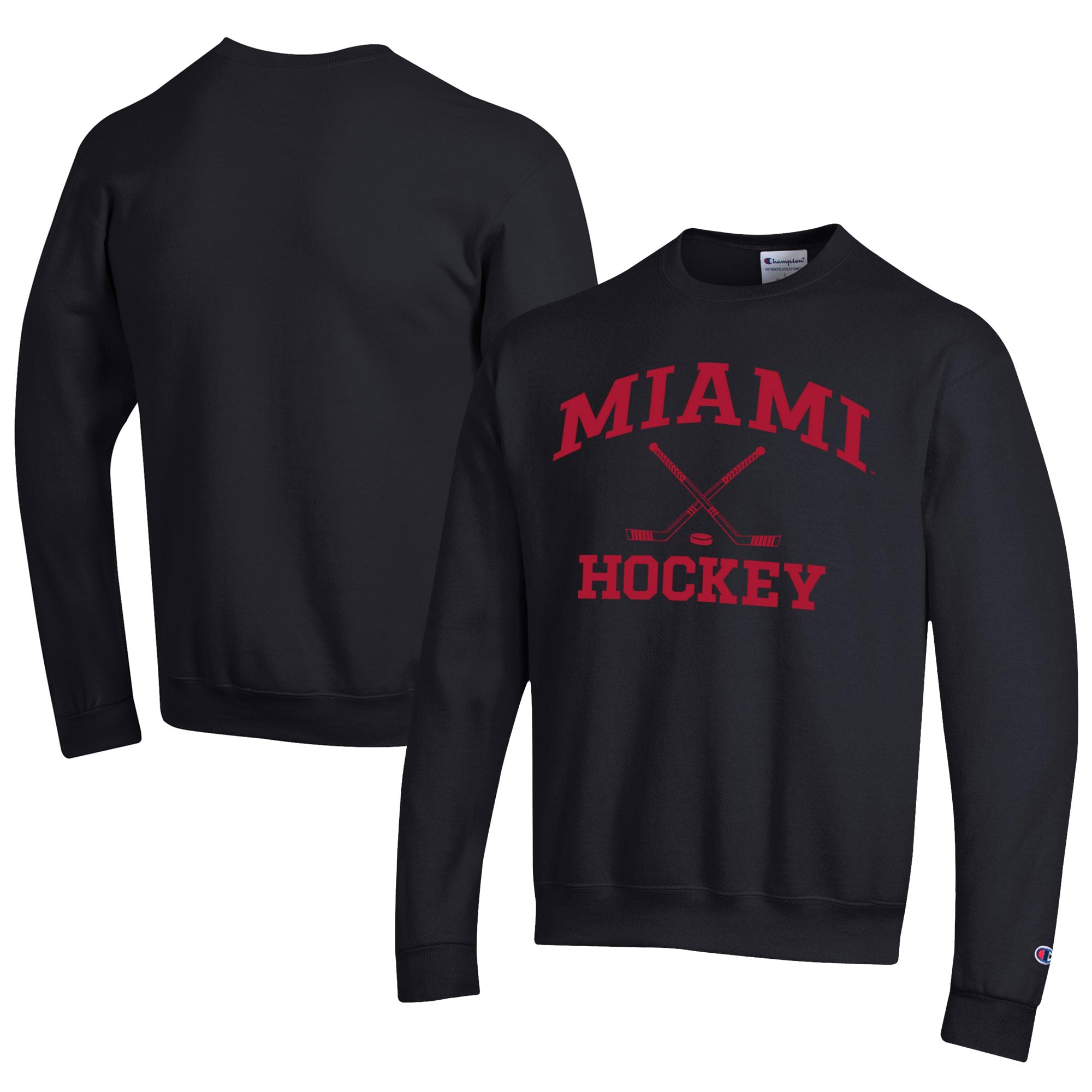 Men's Champion  Black Miami University RedHawks Icon Logo Hockey Eco Powerblend Pullover Sweatshirt