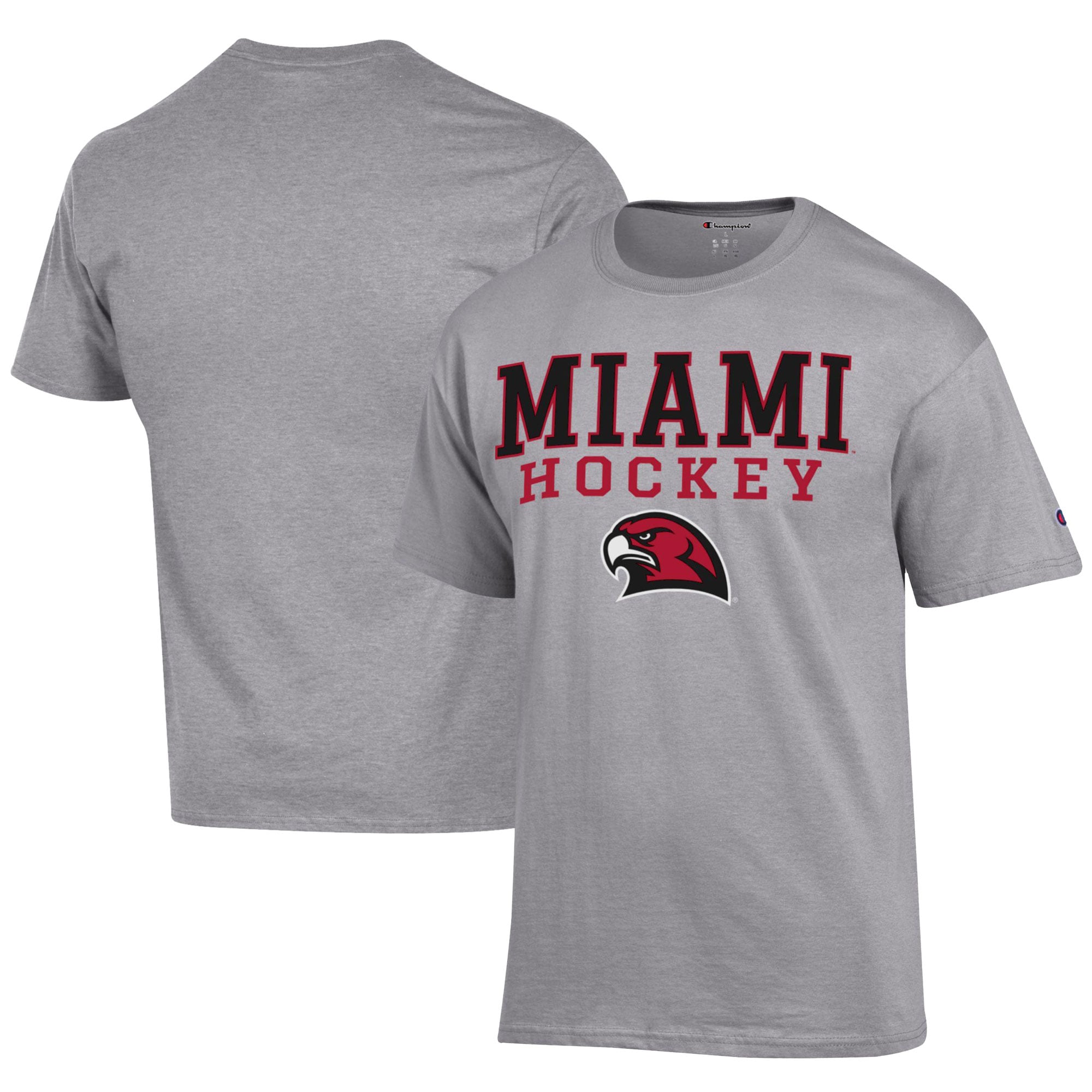 Men's Champion  Gray Miami University RedHawks Icon Logo Hockey Jersey T-Shirt