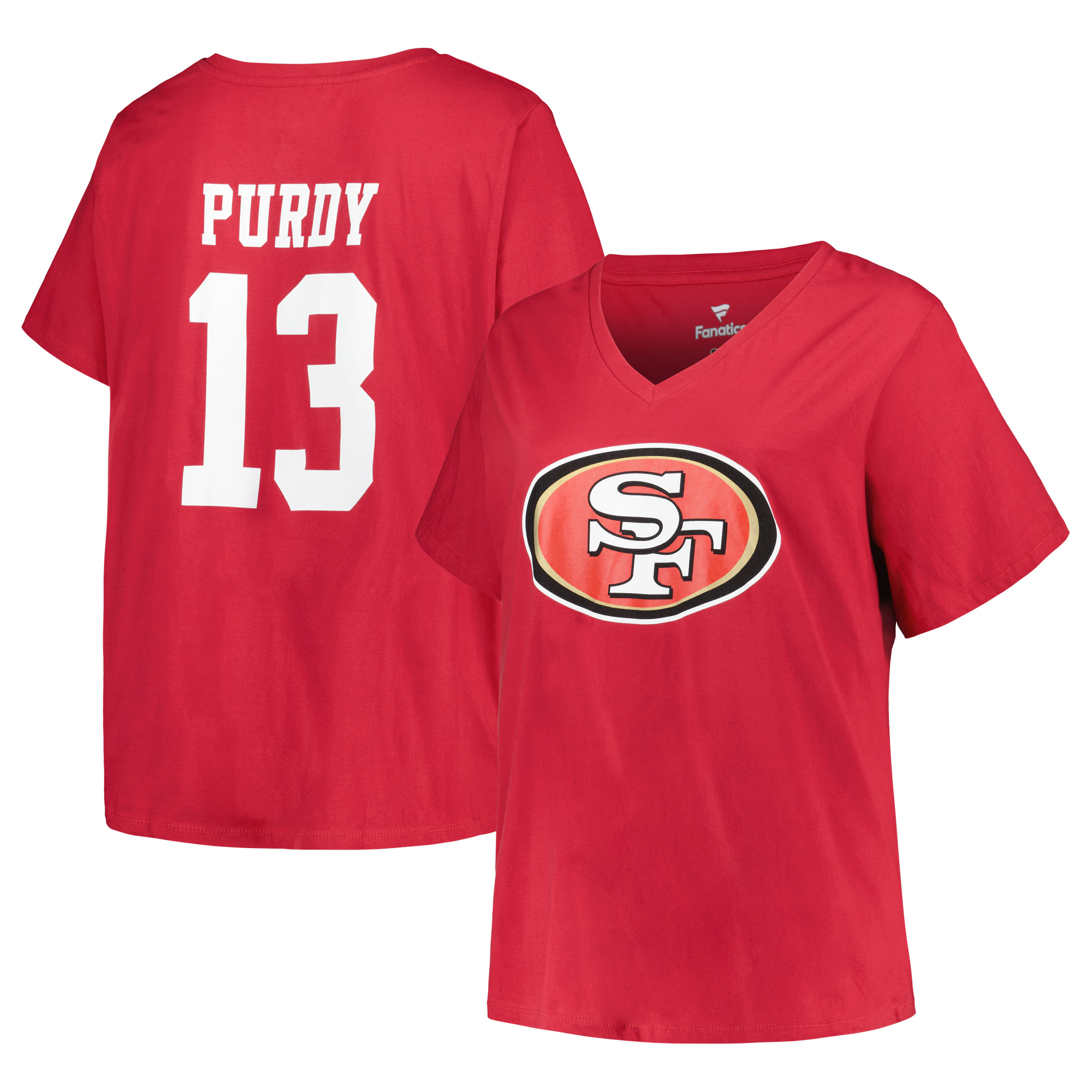 Women's Fanatics Brock Purdy Scarlet San Francisco 49ers Plus Size Name & Number V-Neck T-Shirt