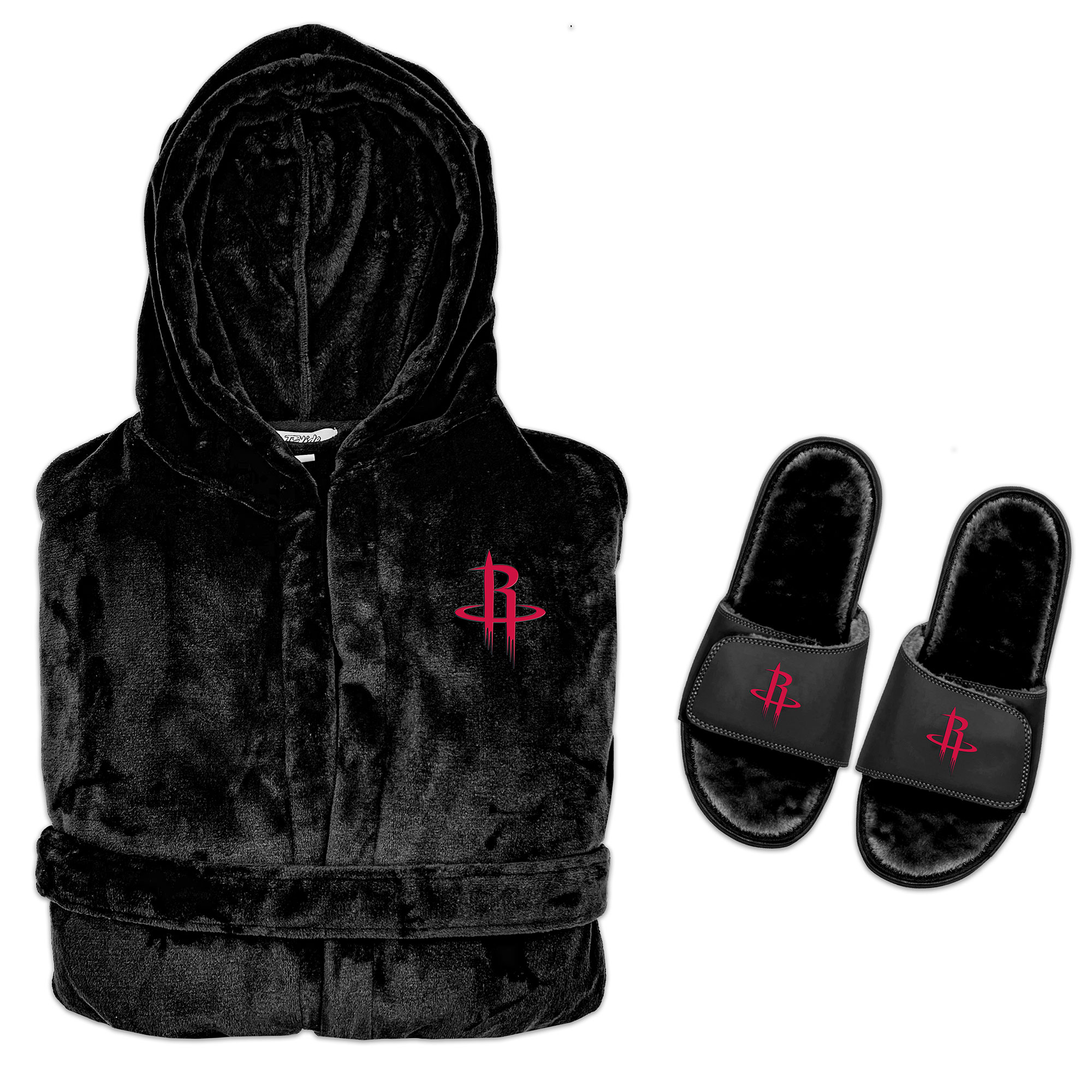 Men's ISlide Black Houston Rockets Hooded Phantom Robe & Fur Slide Bundle