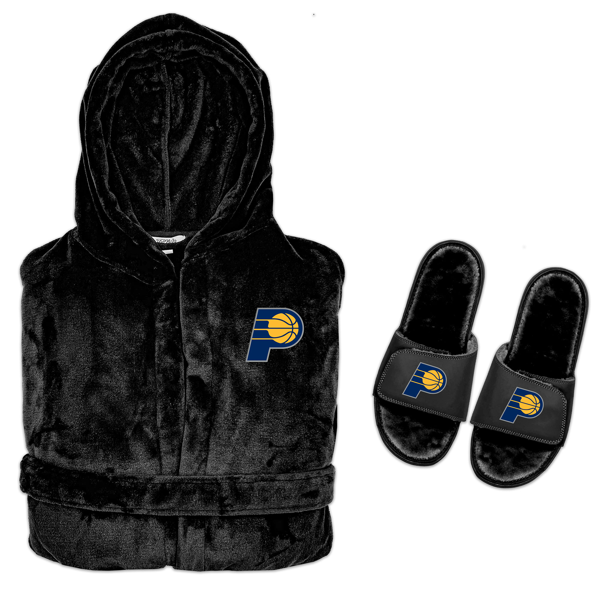 Men's ISlide Black Indiana Pacers Hooded Phantom Robe & Fur Slide Bundle