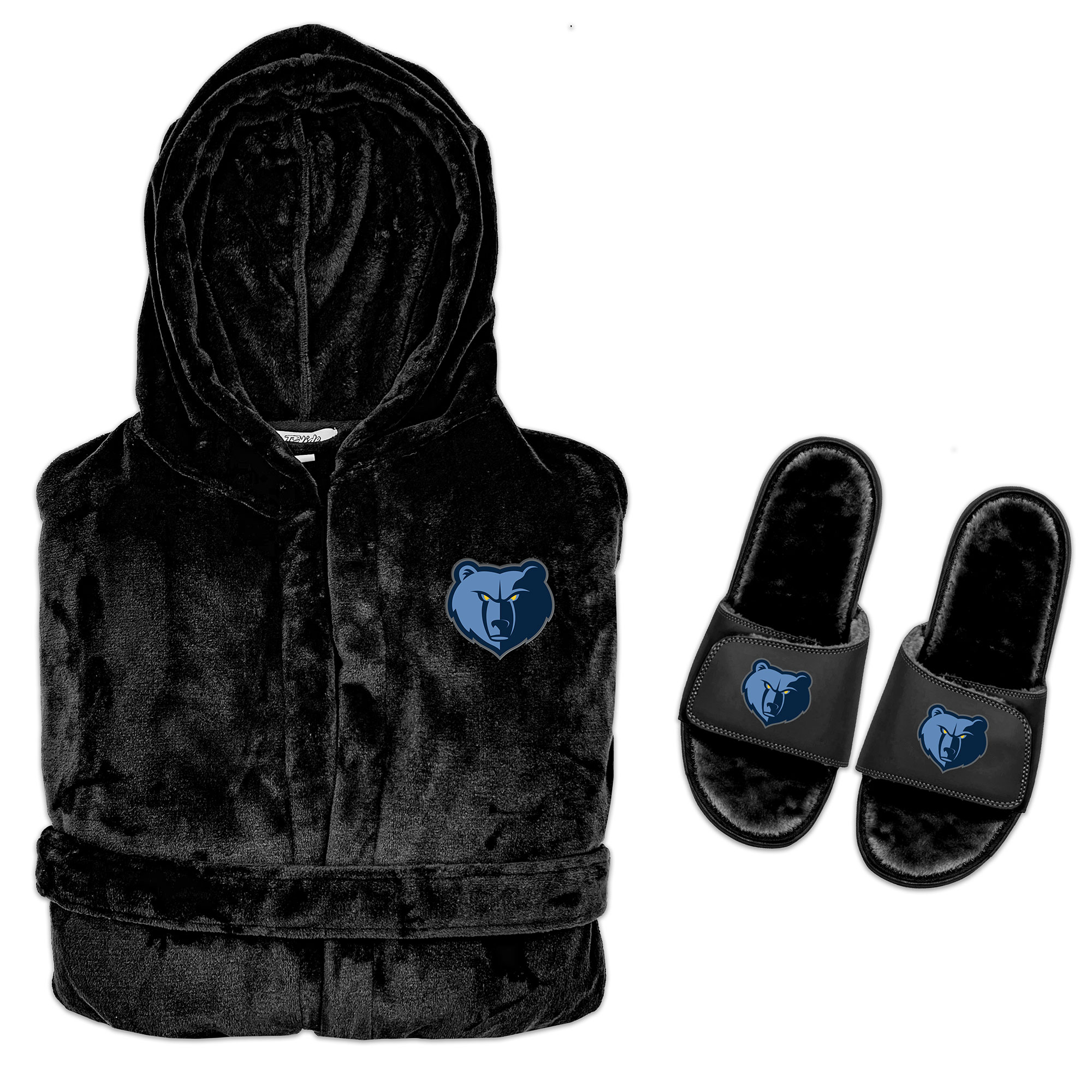 Men's ISlide Black Memphis Grizzlies Hooded Phantom Robe & Fur Slide Bundle