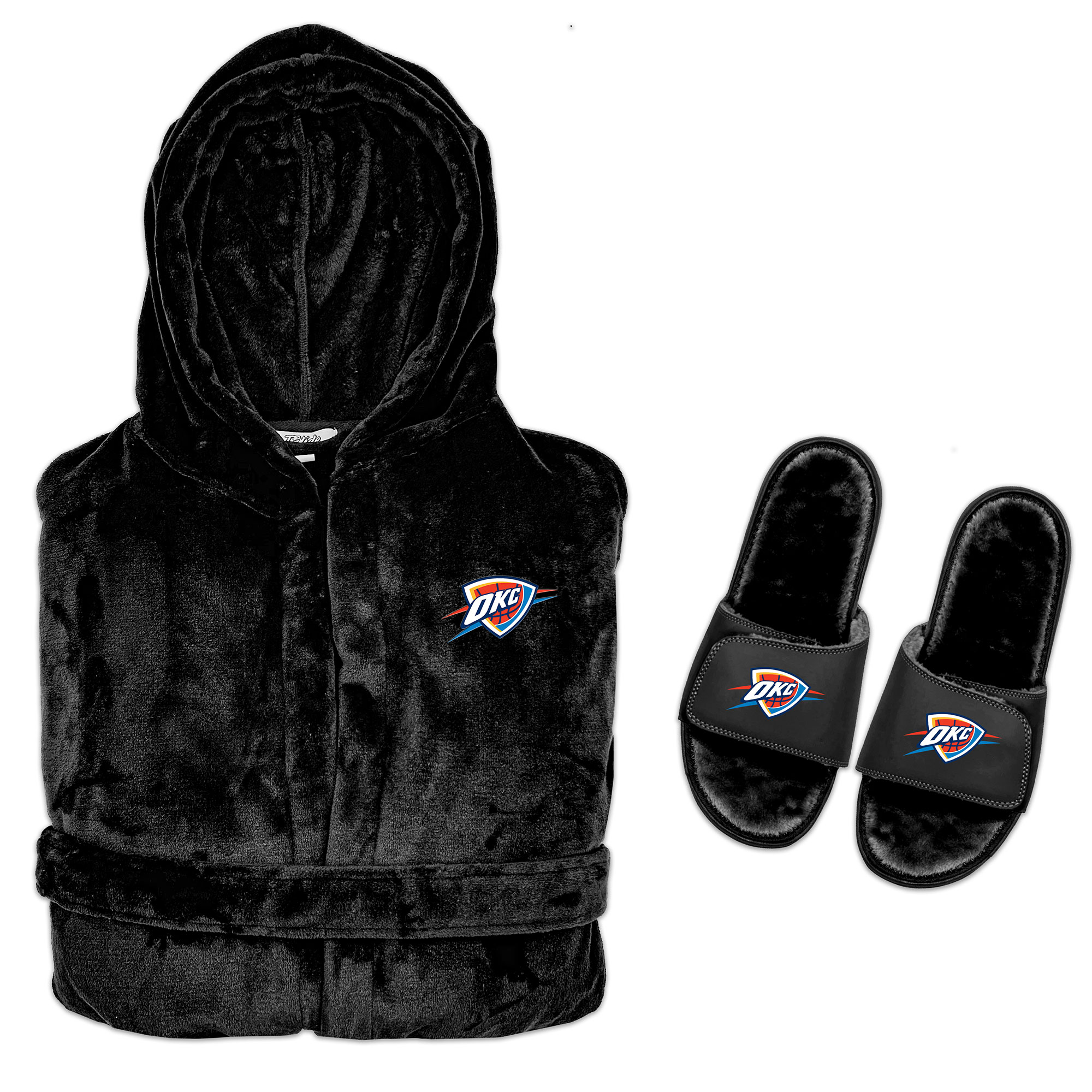 Men's ISlide Black Oklahoma City Thunder Hooded Phantom Robe & Fur Slide Bundle