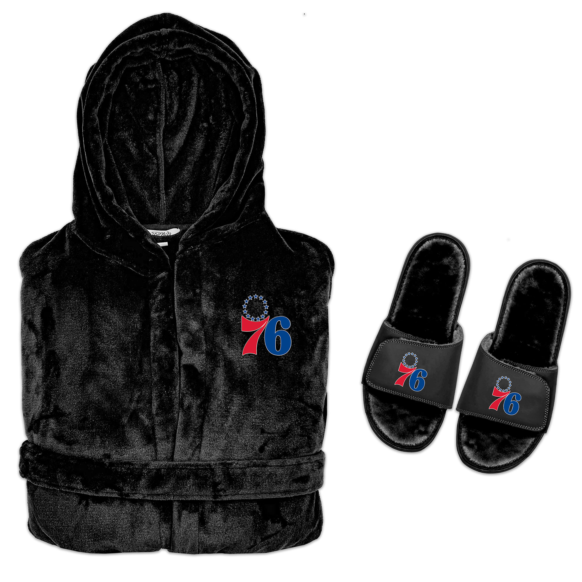 Men's ISlide Black Philadelphia 76ers Hooded Phantom Robe & Fur Slide Bundle