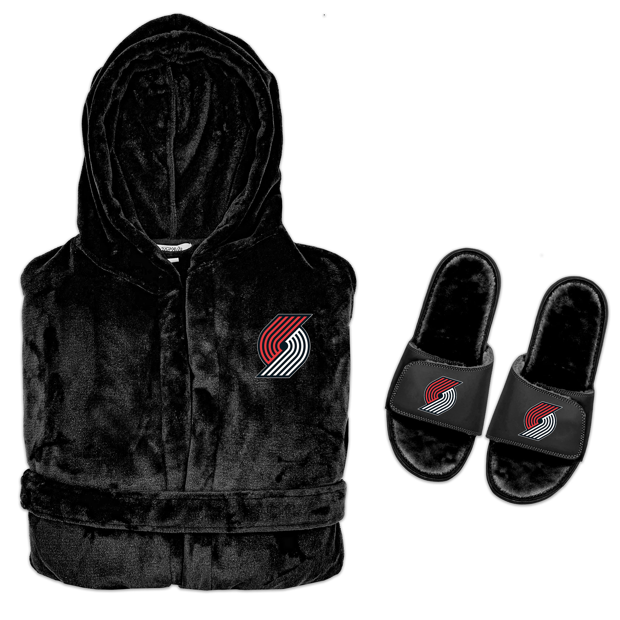 Men's ISlide Black Portland Trail Blazers Hooded Phantom Robe & Fur Slide Bundle
