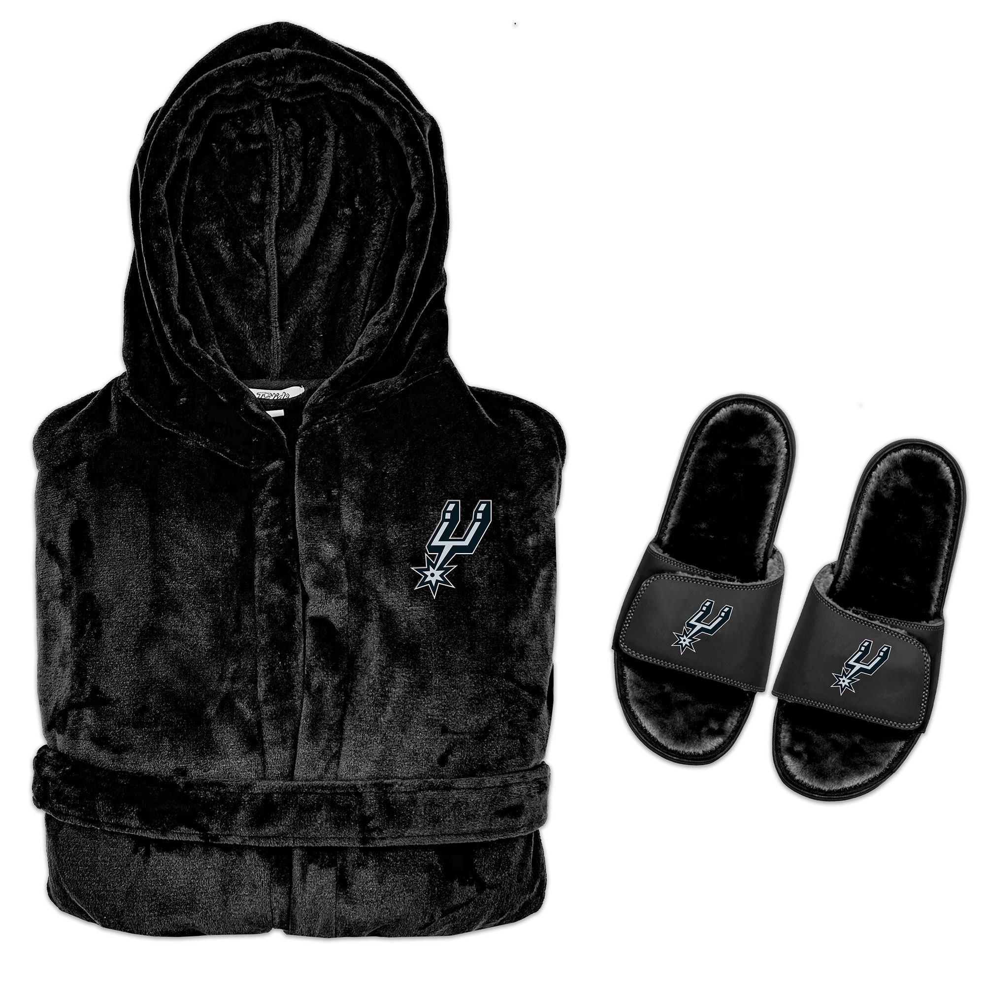 Men's ISlide Black San Antonio Spurs Hooded Phantom Robe & Fur Slide Bundle