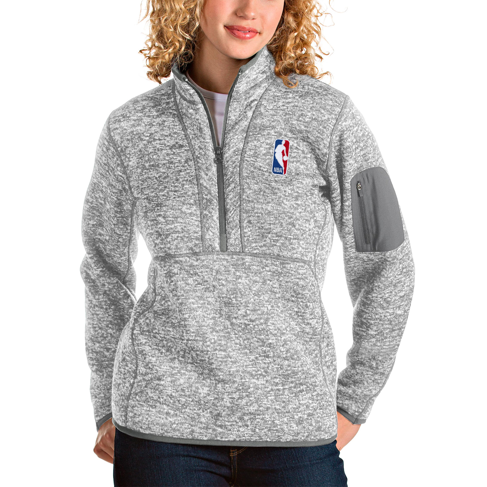 Women's Antigua Heather Gray NBA Logoman Fortune Half-Zip Pullover Jacket