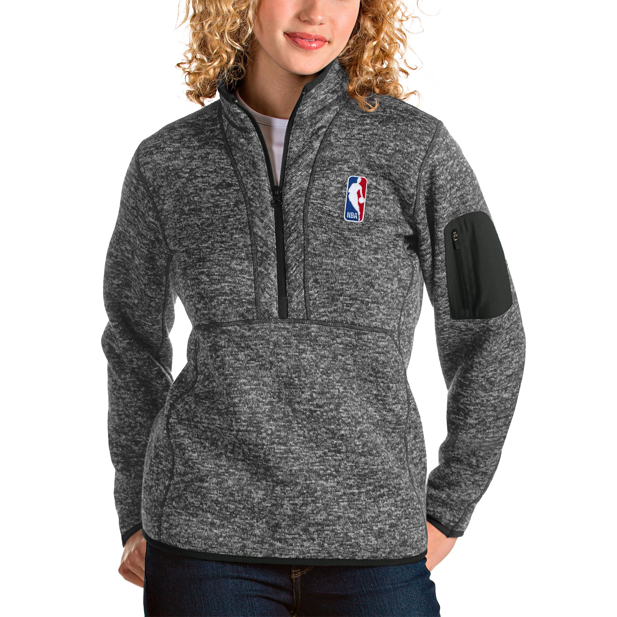 Women's Antigua Heather Gray NBA Logoman Fortune Half-Zip Pullover Jacket