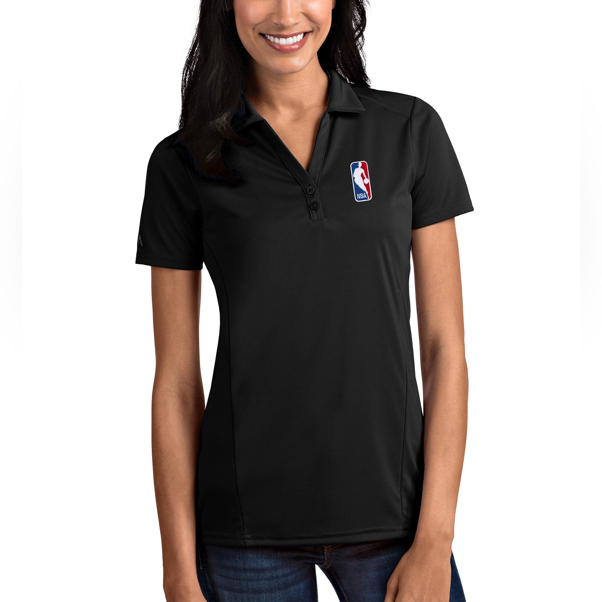 Women's Antigua Black NBA Logoman Tribute Polo