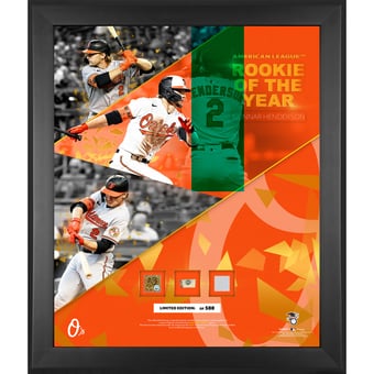 Gunnar Henderson Baltimore Orioles Framed 2023 American League Rookie of the Year 20" x 24" College with Pieces of Game-Used Dirt, Baseball and Base - Limited Edition of 500