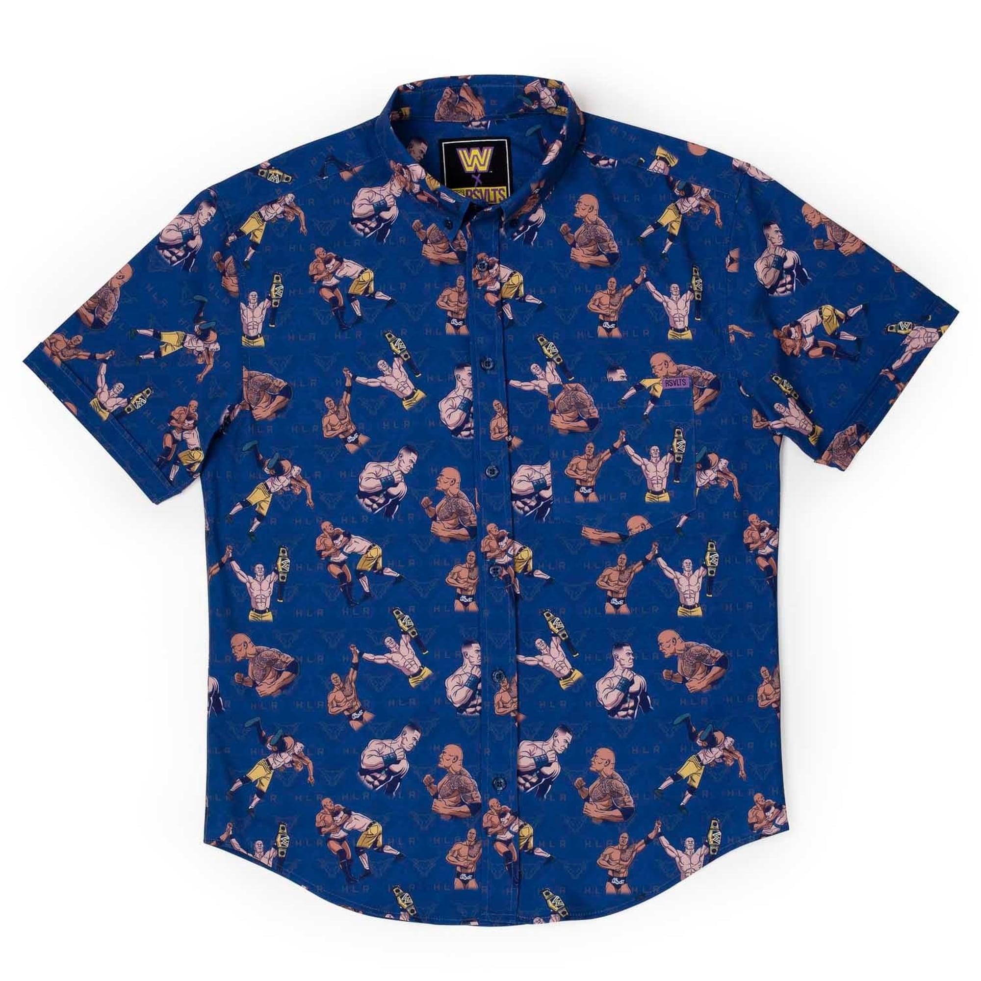 Men's RSVLTS Navy John Cena vs. The Rock Changing of the Guard KUNUFLEX Button-Down Short Sleeve Shirt