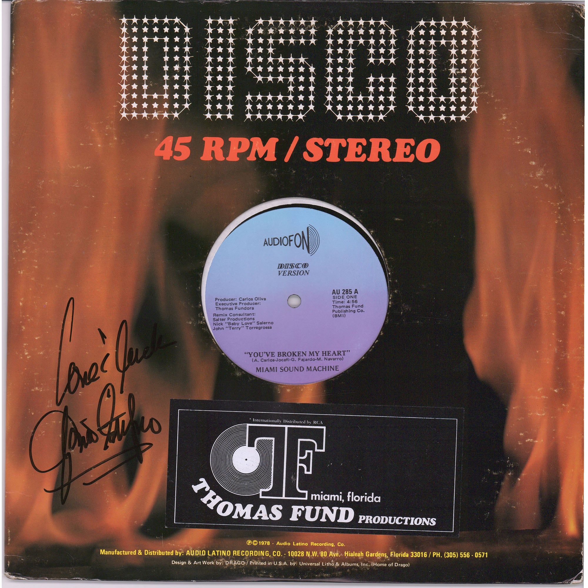 Gloria Estefan Autographed Gloria Estefan & The Miami Sound Machine Disco Single Album Cover With Love & Luck Inscription - PSA