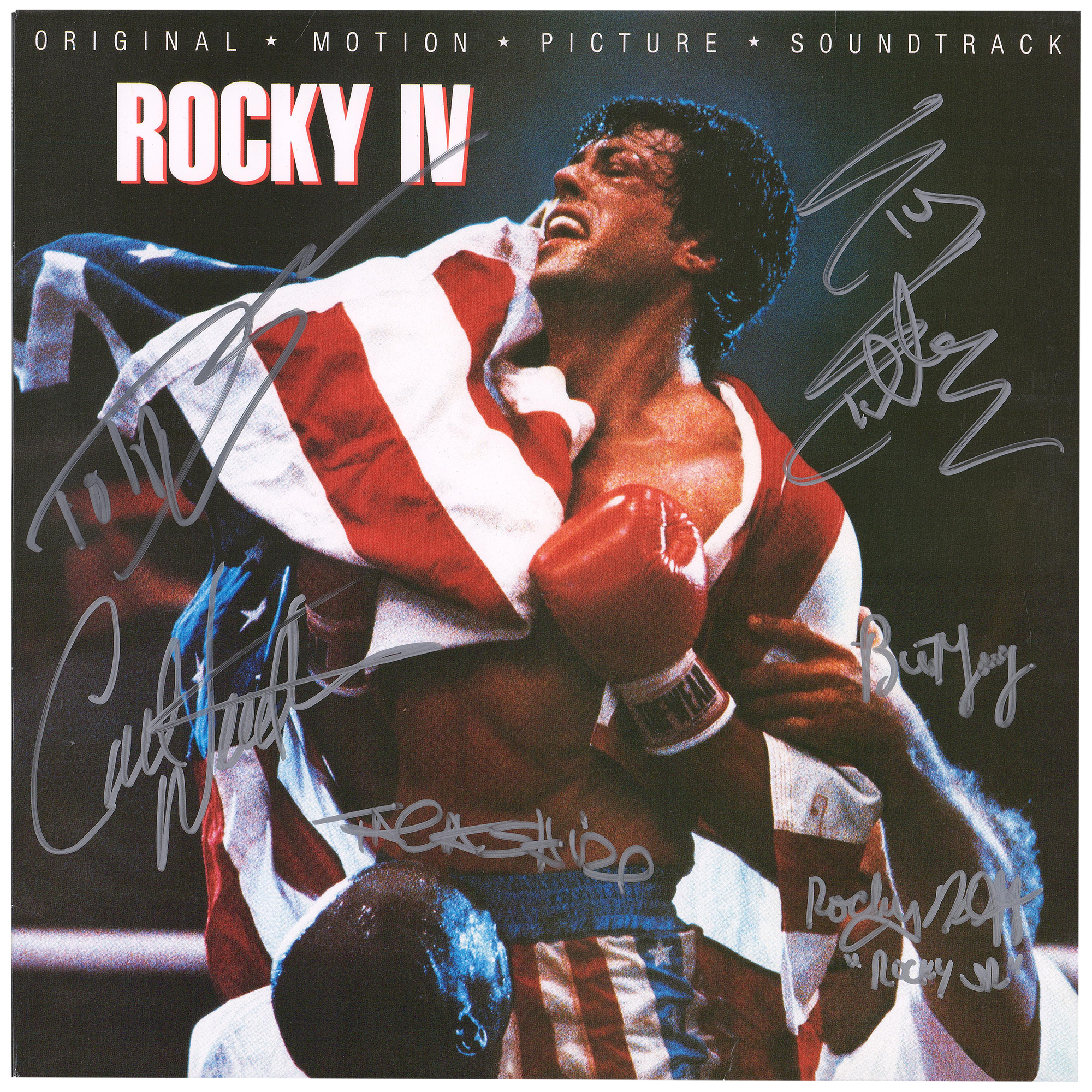 Rocky IV Autographed Album Cover with 5 Signatures and "Rocky Jr." Inscription