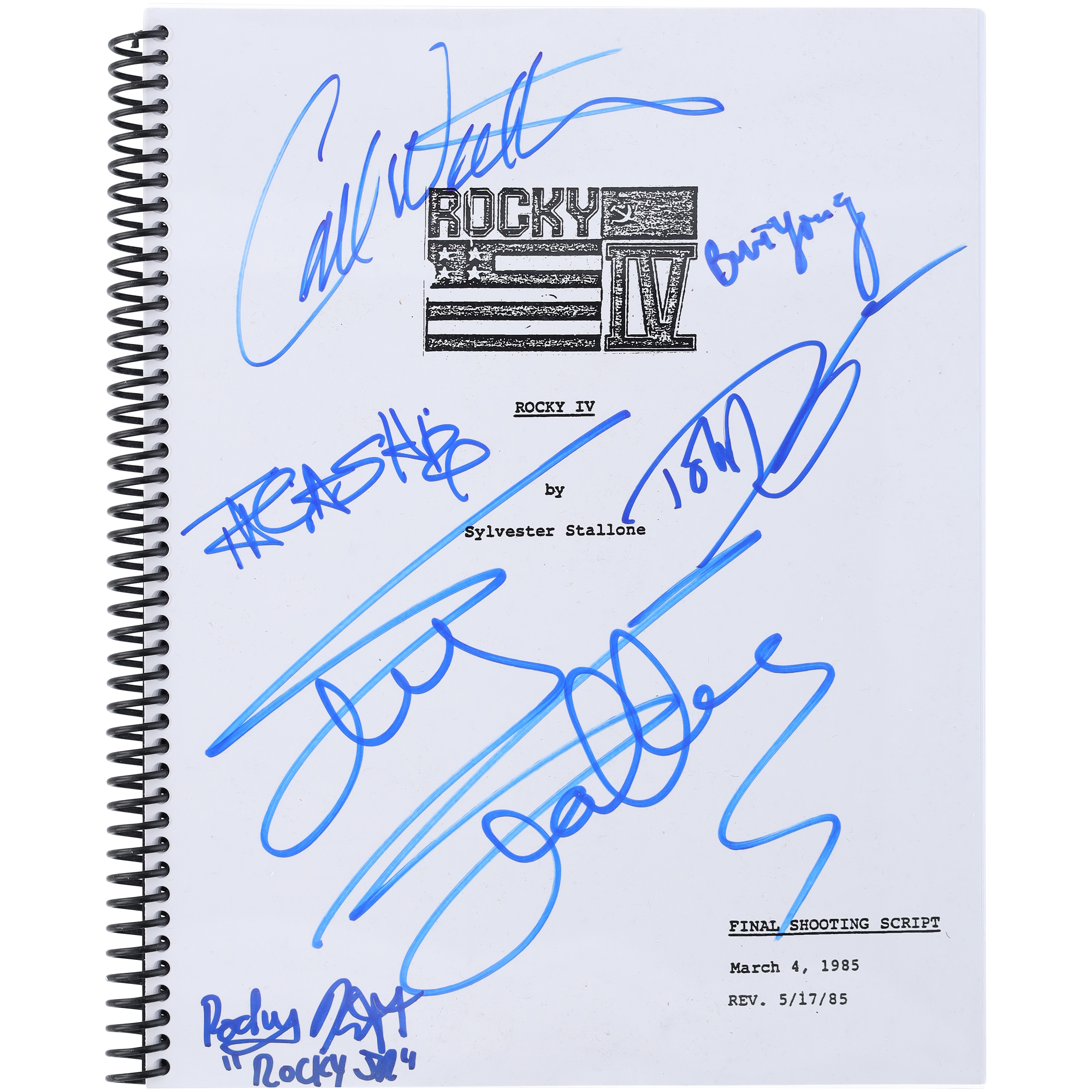 Rocky IV Autographed Script Poster with 5 Signatures and "Rocky Jr." Inscription