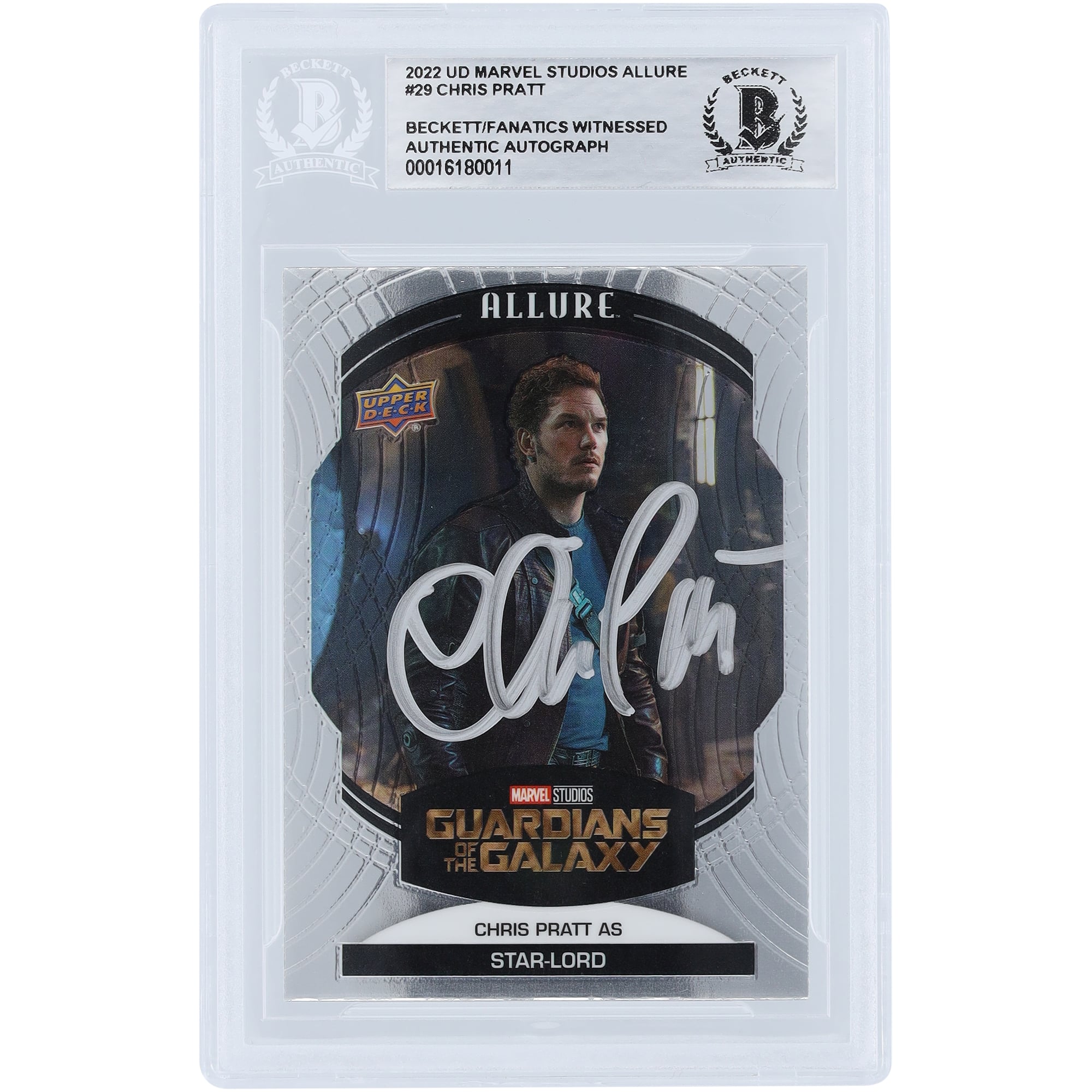 Chris Pratt Guardians of the Galaxy Autographed 2022 Upper Deck Marvel Studios Allure Star-Lord #29 Beckett Fanatics Witnessed Authenticated Card