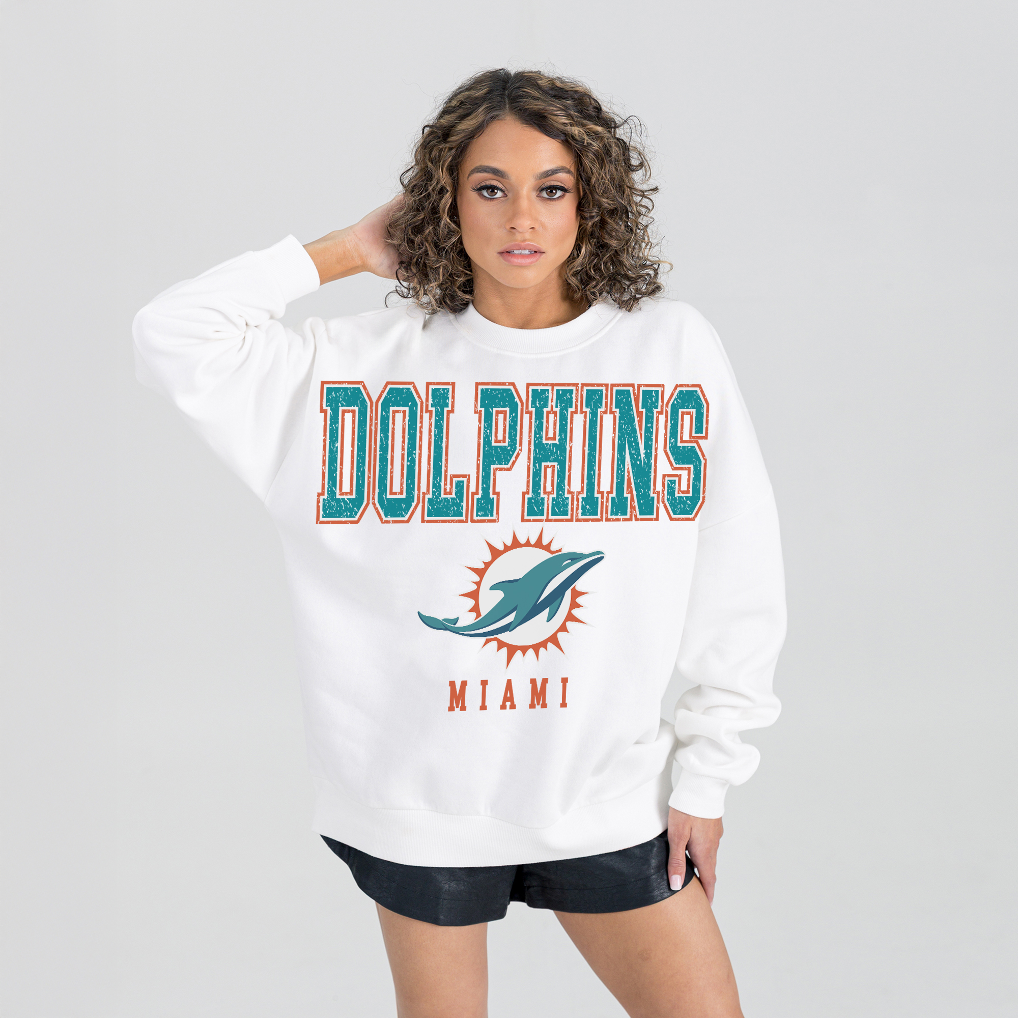 Women’s Gameday Couture White Miami Dolphins Sunday Drives Oversized Crewneck Pullover Sweatshirt Women’s Gameday Couture White Miami Dolphins Sunday Drives Oversized Crewneck Pullover Sweatshirt