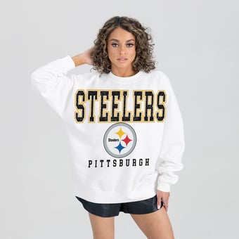 Women's Gameday Couture  White Pittsburgh Steelers  Sunday Drives Oversized Crewneck Pullover Sweatshirt