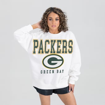 Women's Gameday Couture  White Green Bay Packers  Sunday Drives Oversized Crewneck Pullover Sweatshirt