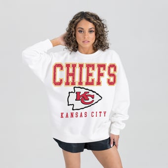 Women's Gameday Couture  White Kansas City Chiefs  Sunday Drives Oversized Crewneck Pullover Sweatshirt