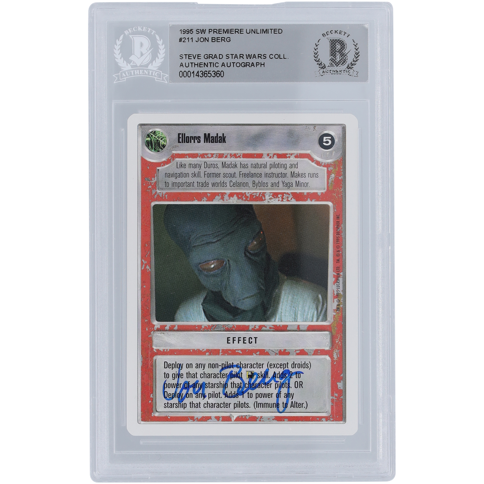 Jon Berg Star Wars Autographed 1995 CCG Premiere Unlimited #211 BGS Authenticated Card