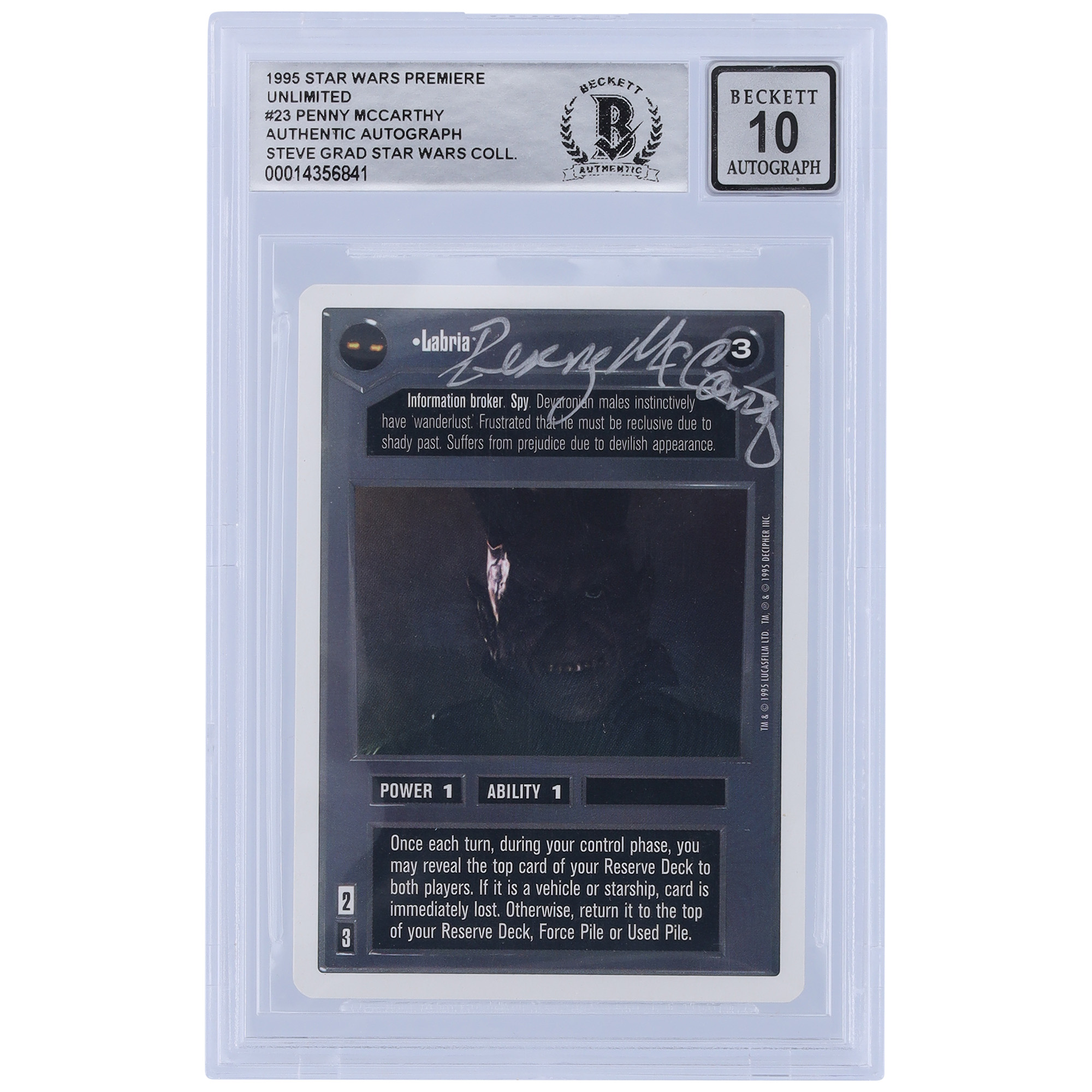Penny McCarthy Star Wars Autographed 1995 CCG Premiere #23 BGS Authenticated 10 Card
