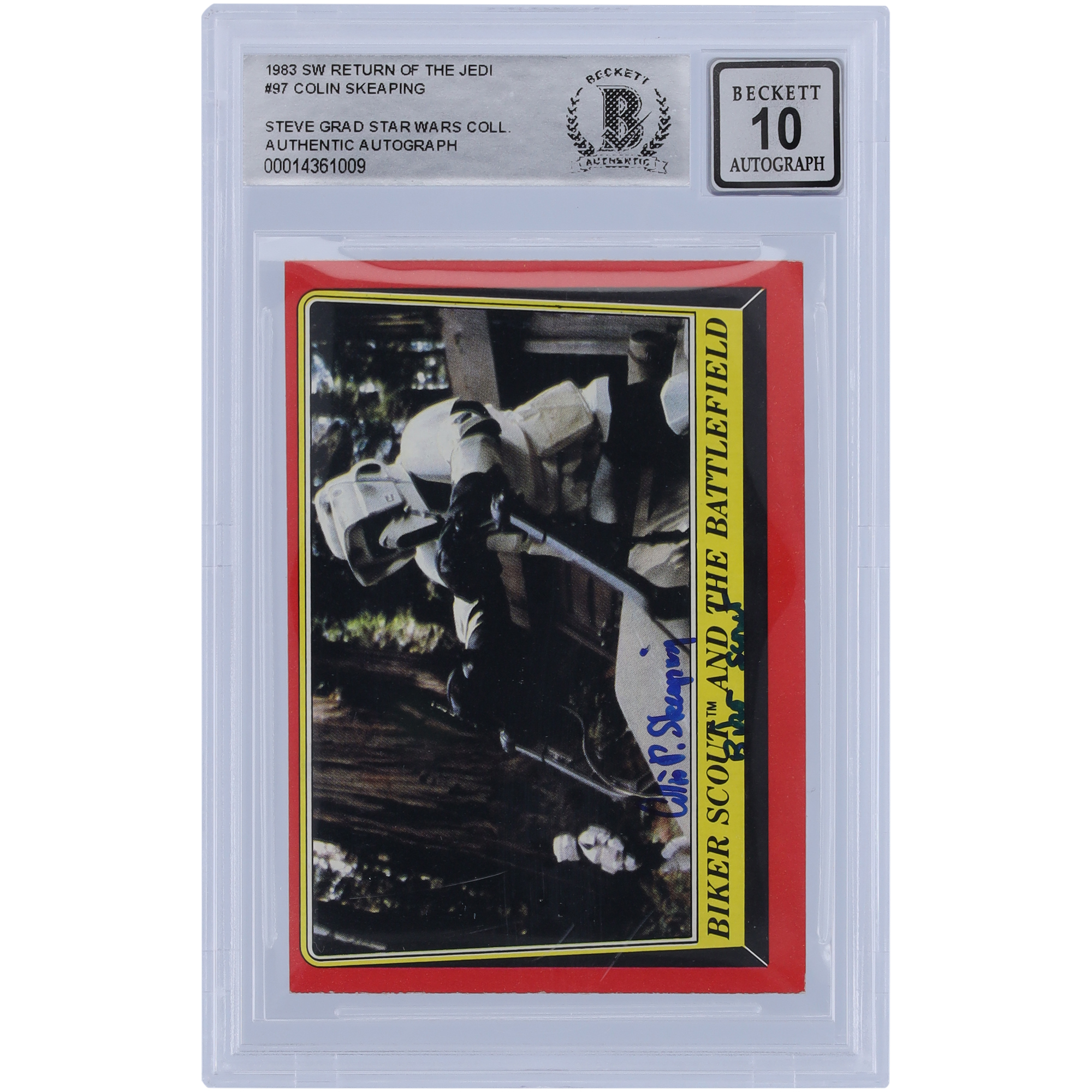 Colin Skeaping Star Wars Autographed 1983 Topps #97 BAS Authenticated 10 Card with “Biker Scout” Inscription Colin Skeaping Star Wars Autographed 1983 Topps #97 BAS Authenticated 10 Card with “Biker Scout” Inscription