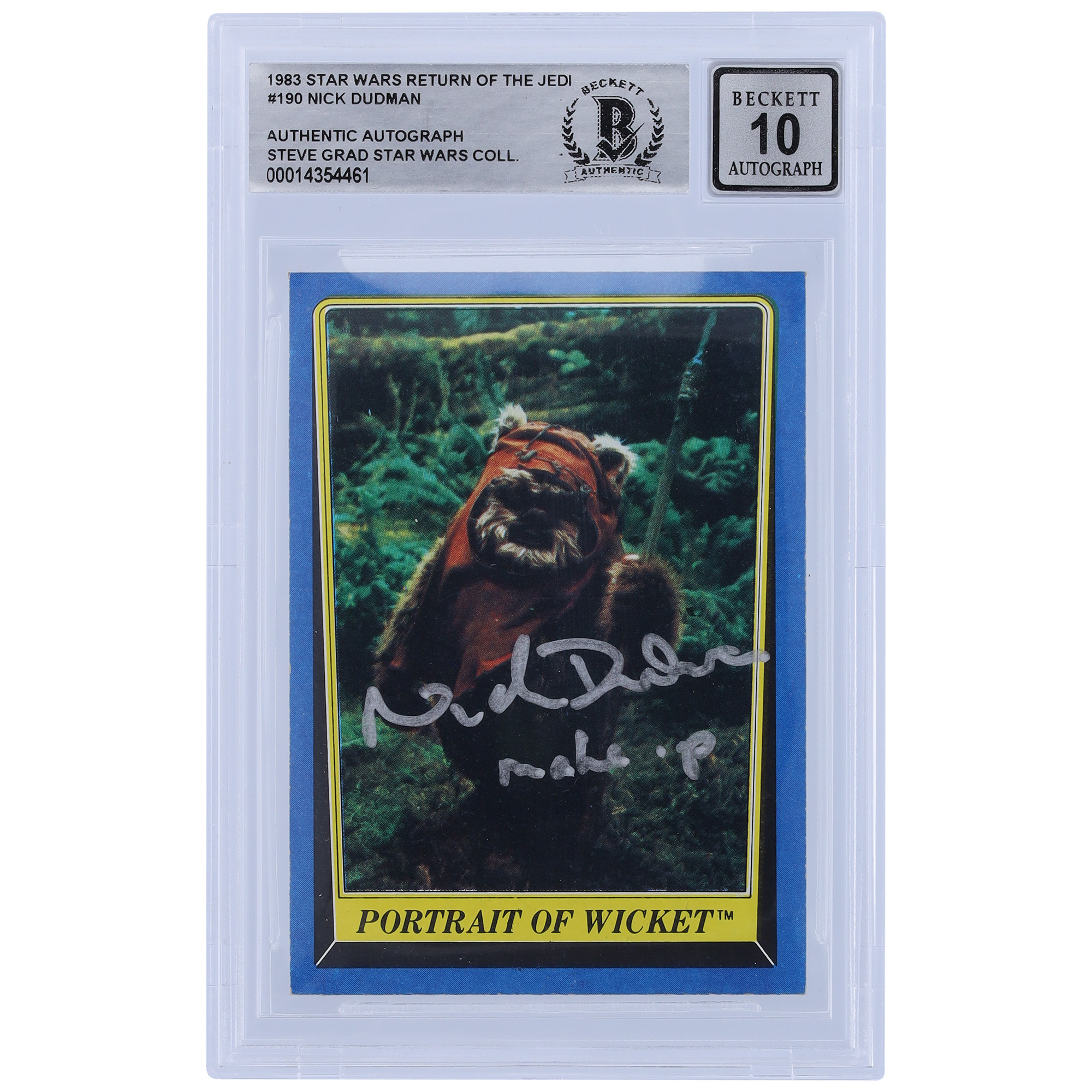 Nick Dudman Star Wars Autographed 1983 Topps Return of the Jedi #190 BGS Authenticated 10 Card with "Make Up" Inscription