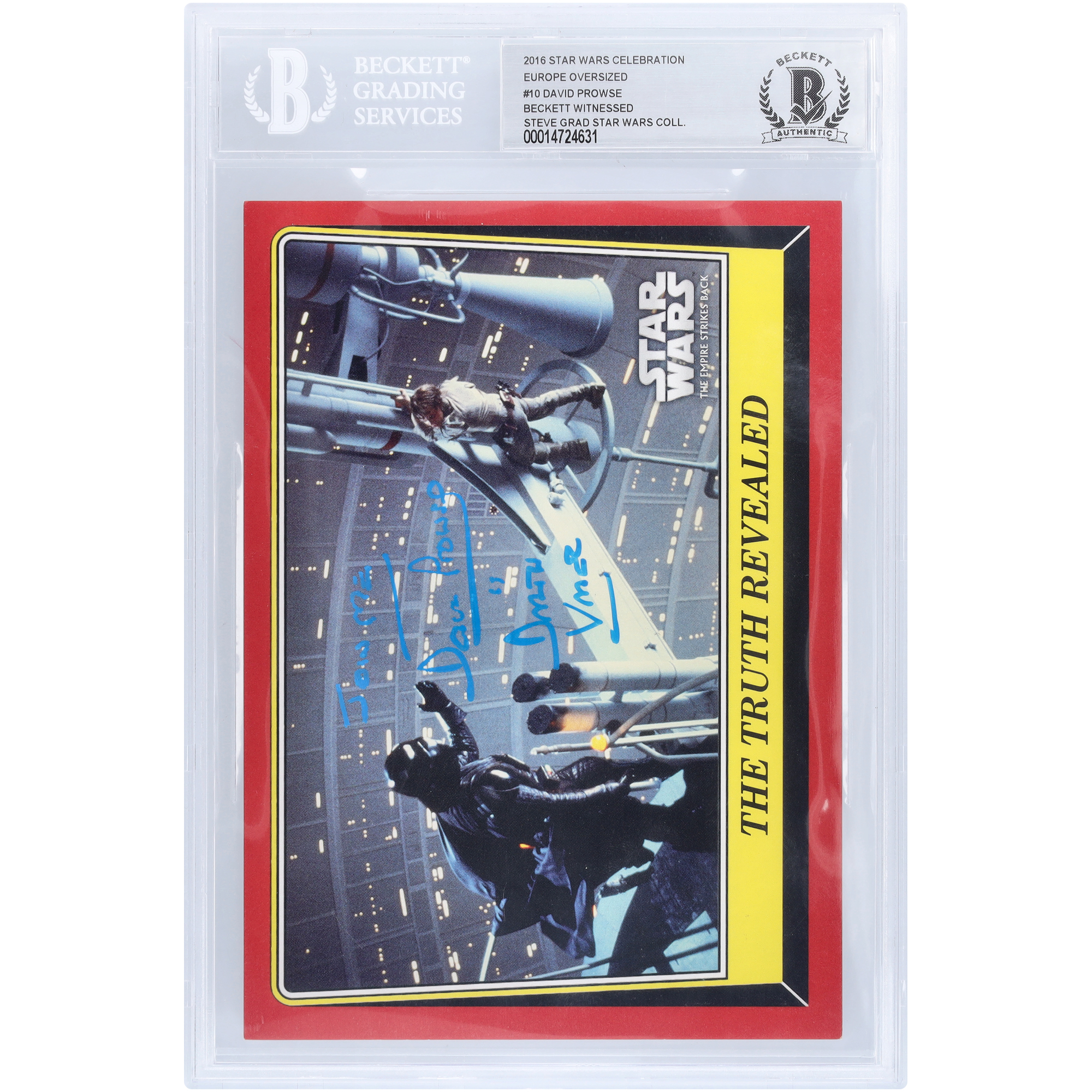 David Prowse Autographed 2016 Topps Star Wars Celebration Europe Oversized #10 BGS Authenticated Card with “Join Me” and “Is Darth Vader” Inscriptions David Prowse Autographed 2016 Topps Star Wars Celebration Europe Oversized #10 BGS Authenticated Card with “Join Me” and “Is Darth Vader” Inscriptions