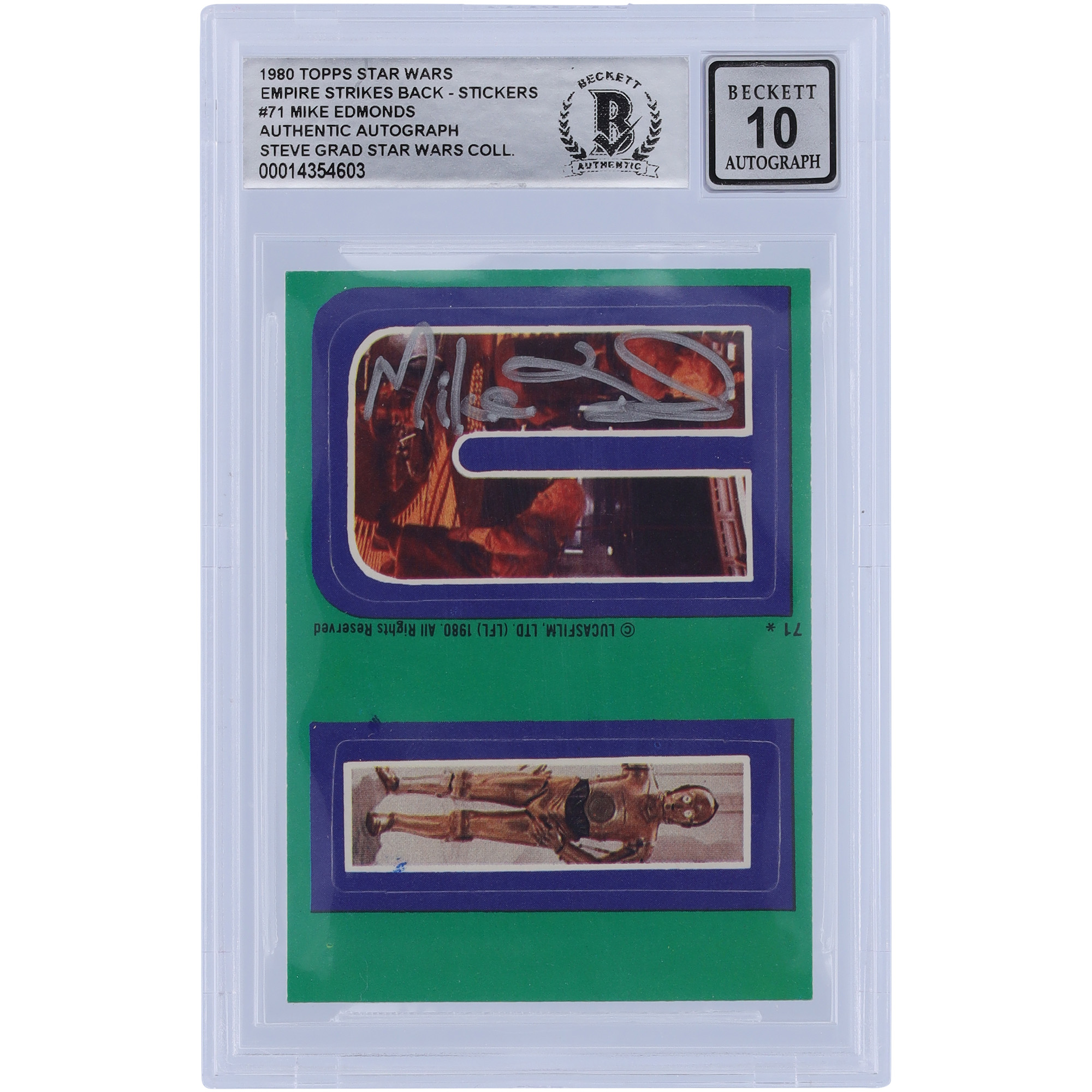 Mike Edmonds Star Wars Autographed 1980 Topps The Empire Strikes Back Stickers #71 BGS Authenticated 10 Card
