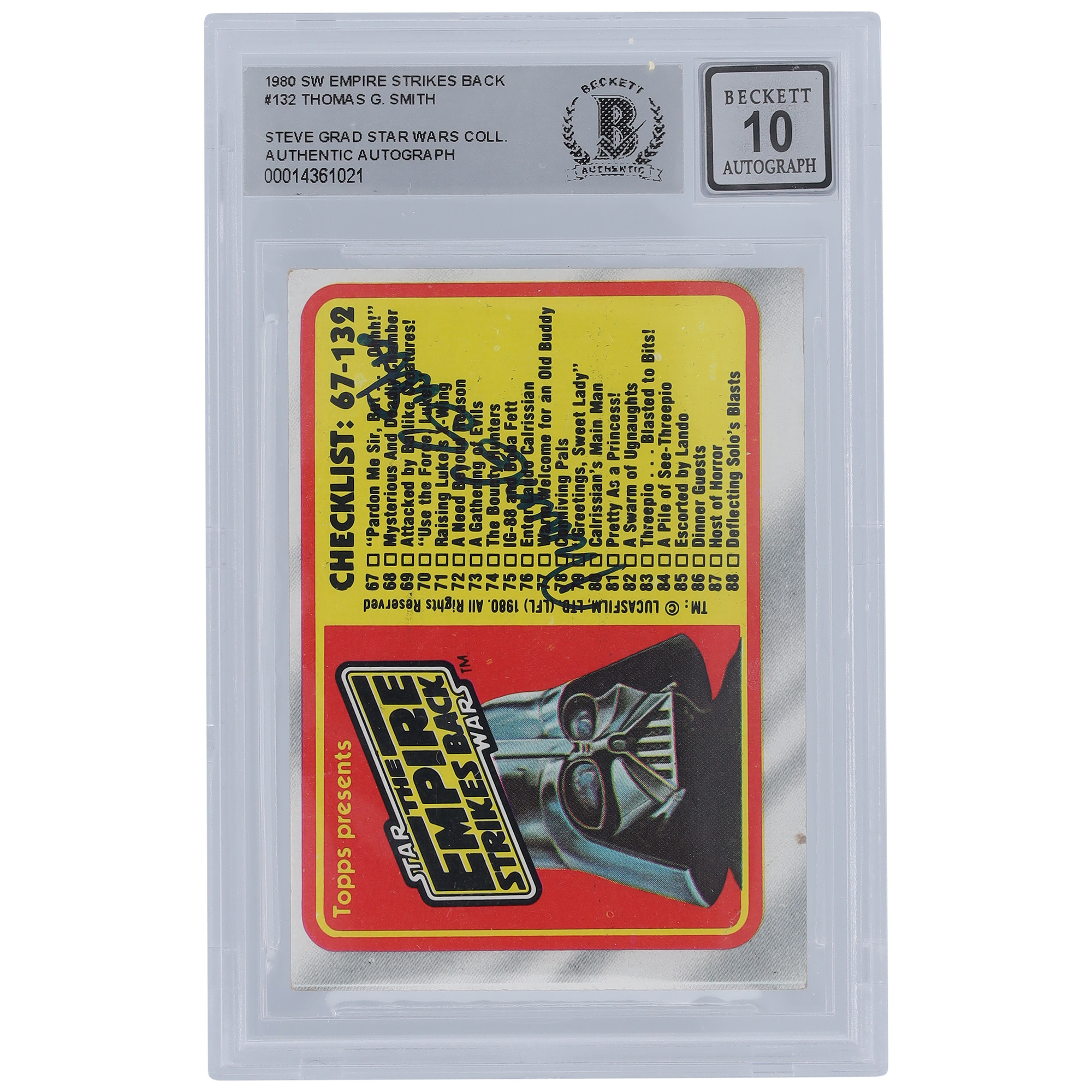Thomas G. Smith Star Wars Autographed 1980 Topps The Empire Strikes Back #132 BGS Authenticated 10 Card