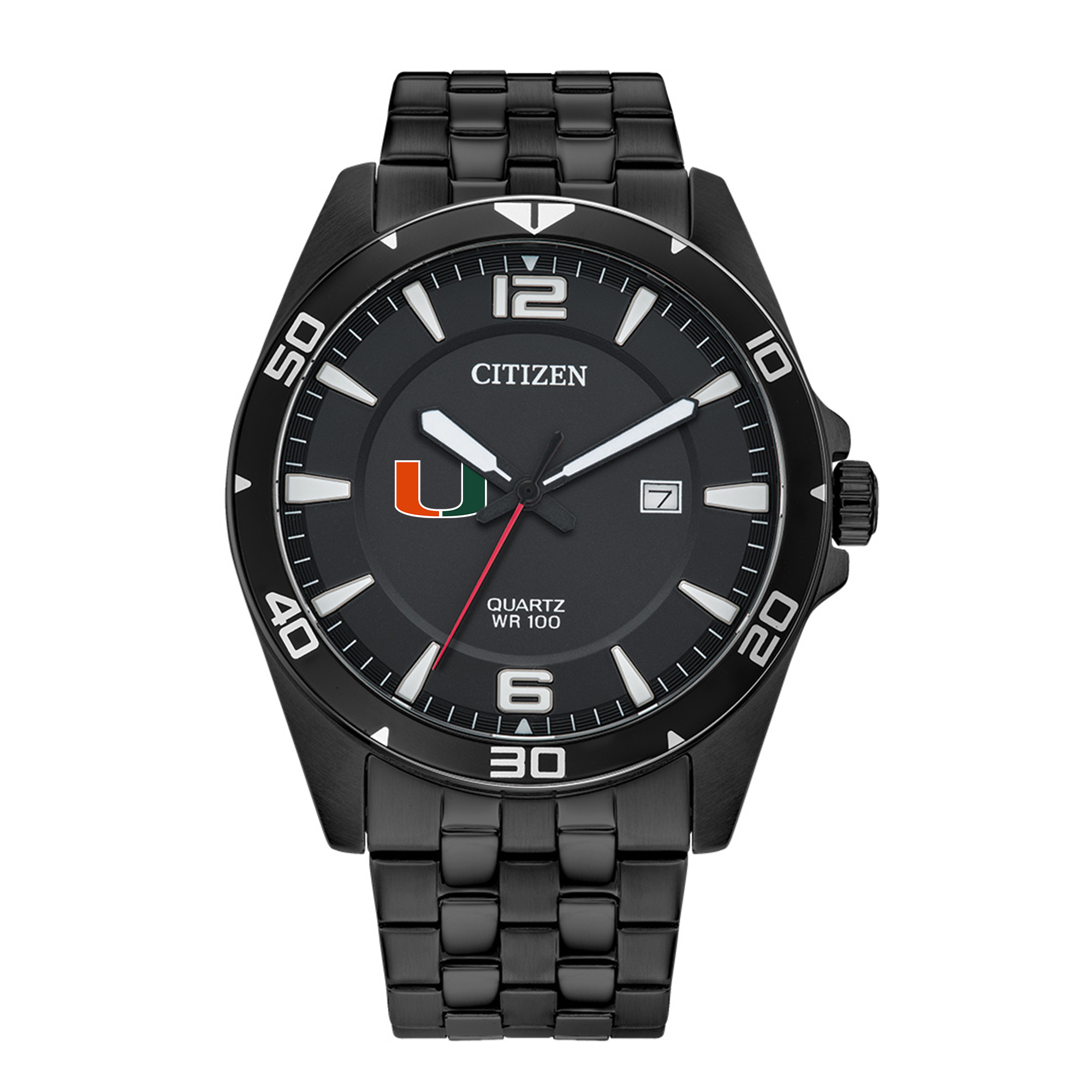 Men's  Miami Hurricanes Quartz Black-Tone Stainless Steel Watch
