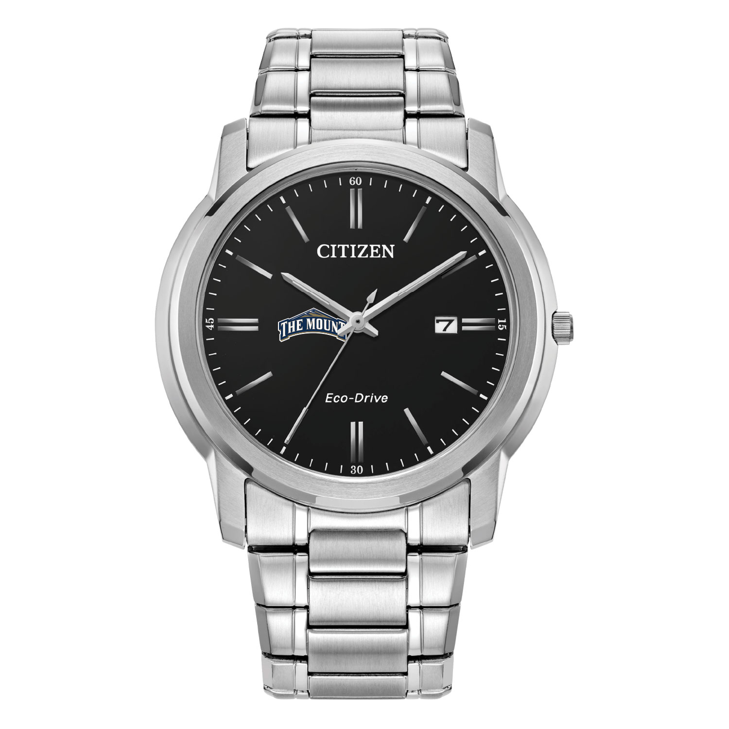 Men's Citizen Watch  Silver Mount St. Mary's Mountaineers Eco-Drive Black Dial Stainless Steel Watch