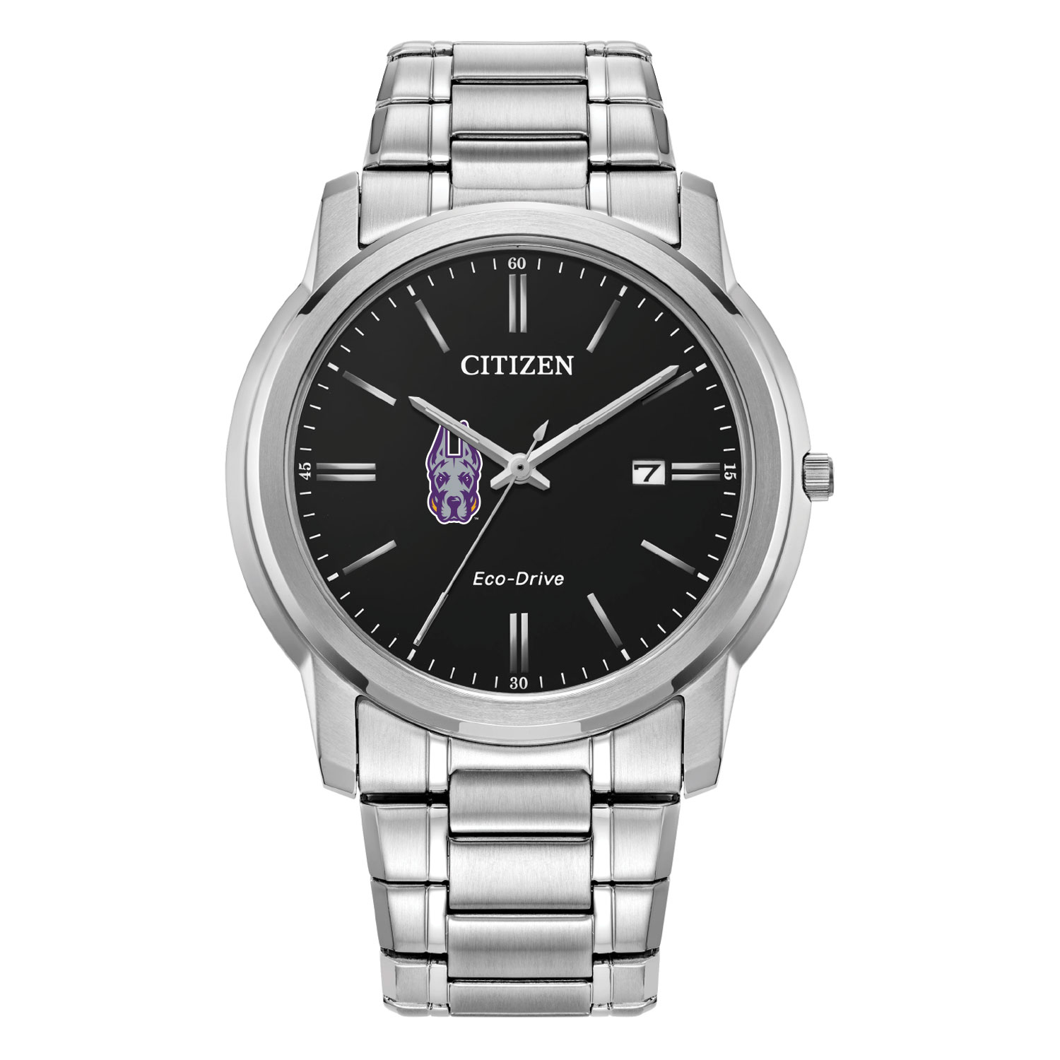 Men's Citizen Watch  Silver UAlbany Great Danes Eco-Drive Black Dial Stainless Steel Watch