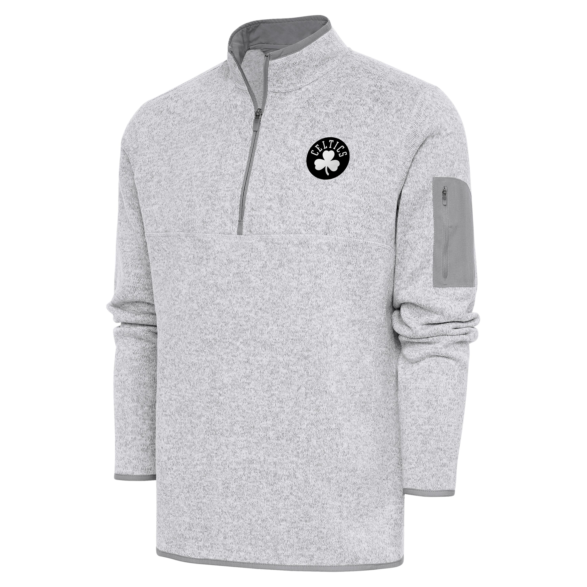 Men's Antigua Heather Gray Boston Celtics Metallic Logo Fortune Quarter-Zip Jacket
