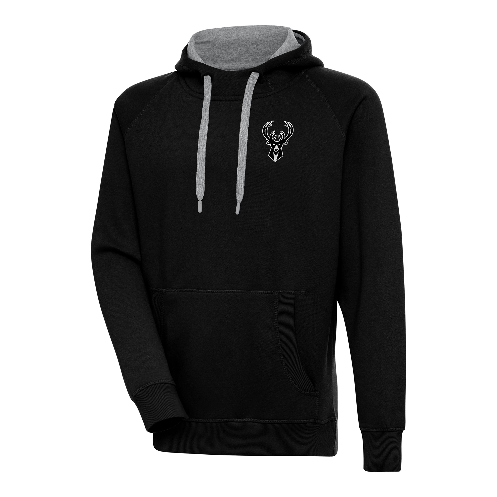 Men's Antigua Black Milwaukee Bucks Metallic Logo Victory Raglan Pullover Hoodie