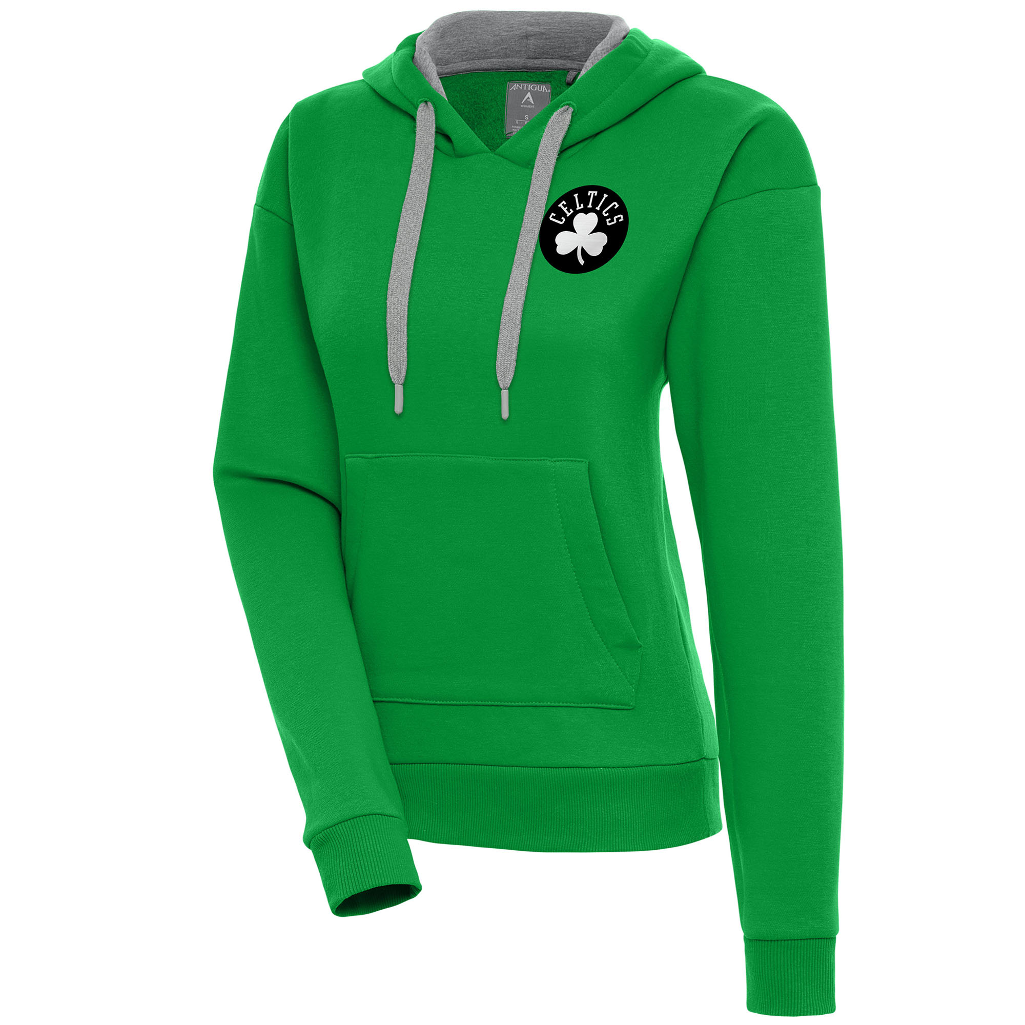 Women's Antigua Kelly Green Boston Celtics Brushed Metallic Victory Pullover Hoodie