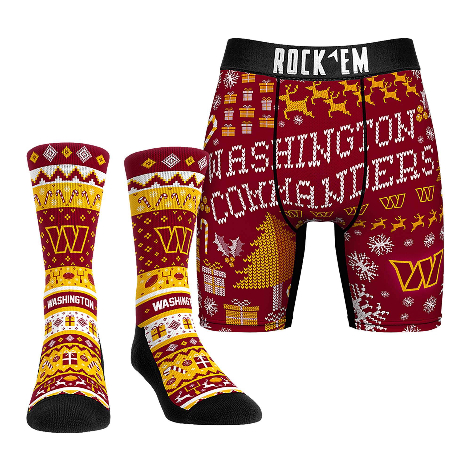 Men's Rock Em Socks Washington Commanders Holiday Tacky Sweater Underwear and Crew Socks Combo Pack